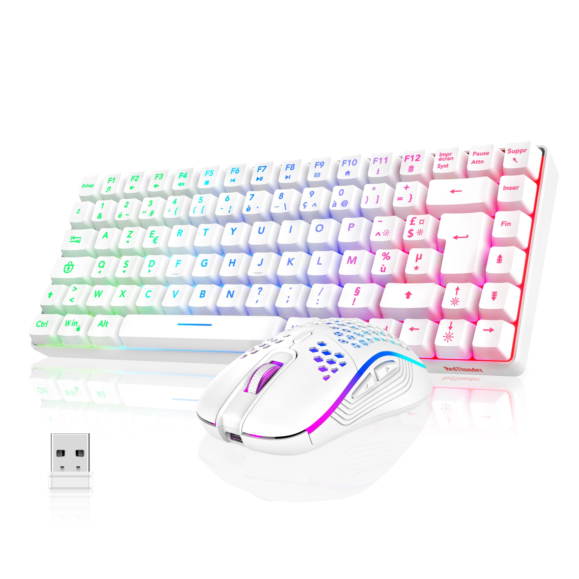 RedThunder K84 Combo Clavier et Souris USB sans Fil Gamer, AZERTY Français, Batterie Rechargeable RVB Rétroéclairée, Clavier TKL à 75% et Souris Optique Légère en Nid d'abeille 3200 DPI(Blanc)