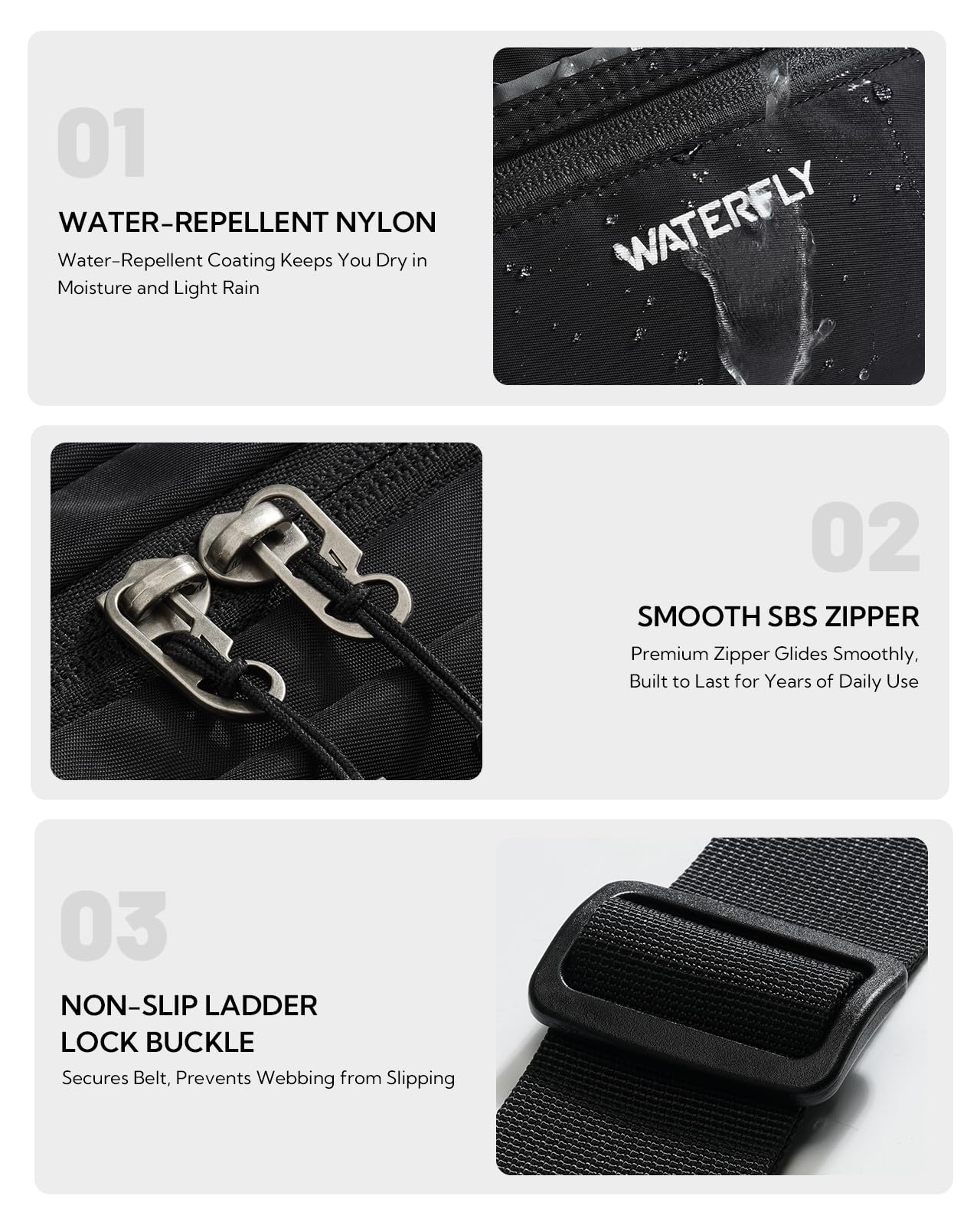 WATERFLY Bauchtasche Gürteltasche Herren Damen: Große Hüfttasche mit RFID Schutz Waist Fanny Pack mit Verlängerungsgurt Stylische Sport Bum Hip Bag für Reise Wandern Outdoor Schwarz