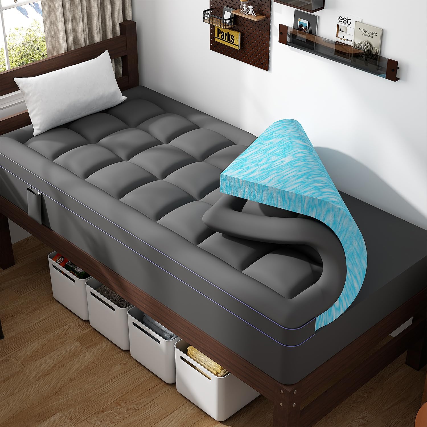 ABENE 3 Inch Dual Layer Memory Foam Mattress Topper Twin XL, 2 Inch Memory Foam Plus 1 Inch Down Alternative Pillowtop Mattress Pad, with Bedside Pocket, College Dorm Essential (Twin XL, Gray) Gray Twin XL