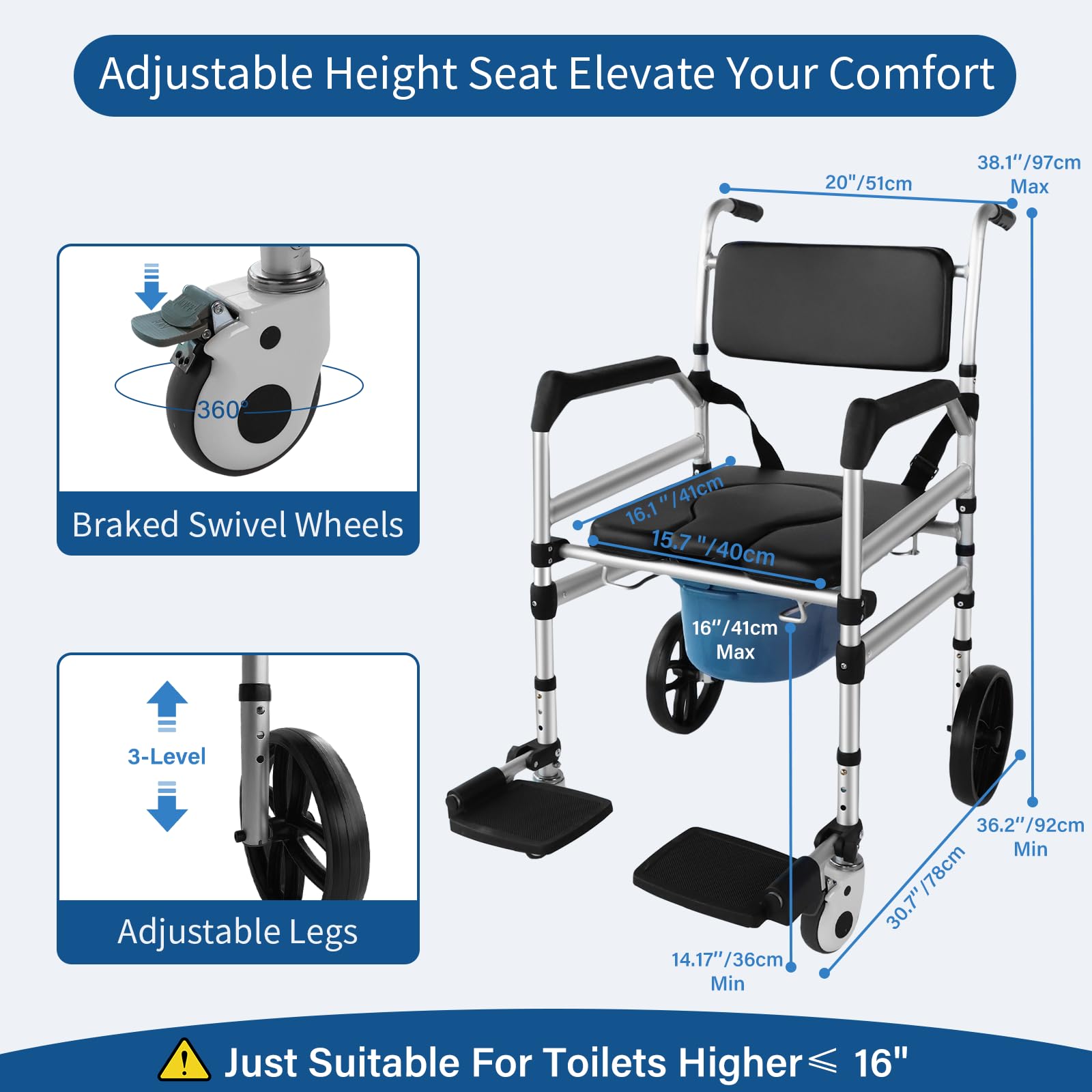Eosprim sedia a rotelle con wc, comoda wc per anziani，wc water per disabili，vaso da notte per anziani，sedia wc per doccia anziani，rialzo per wc disabili ruote，wc portatile per anzianib (Nero)