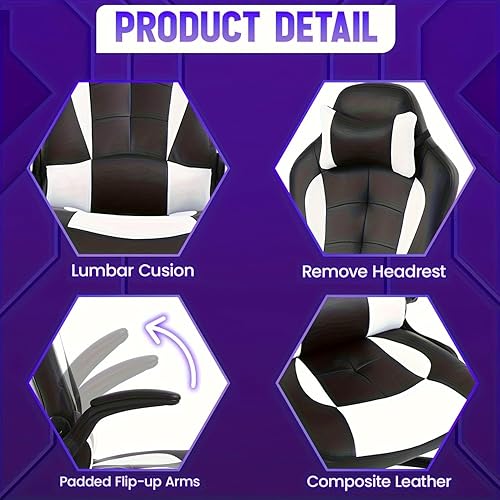 Miniatura 3 de Silla de juegos para PC, silla ergonómica de oficina de masaje ajustable en altura con giro de 360 grados, asiento ancho y reposacabezas, color