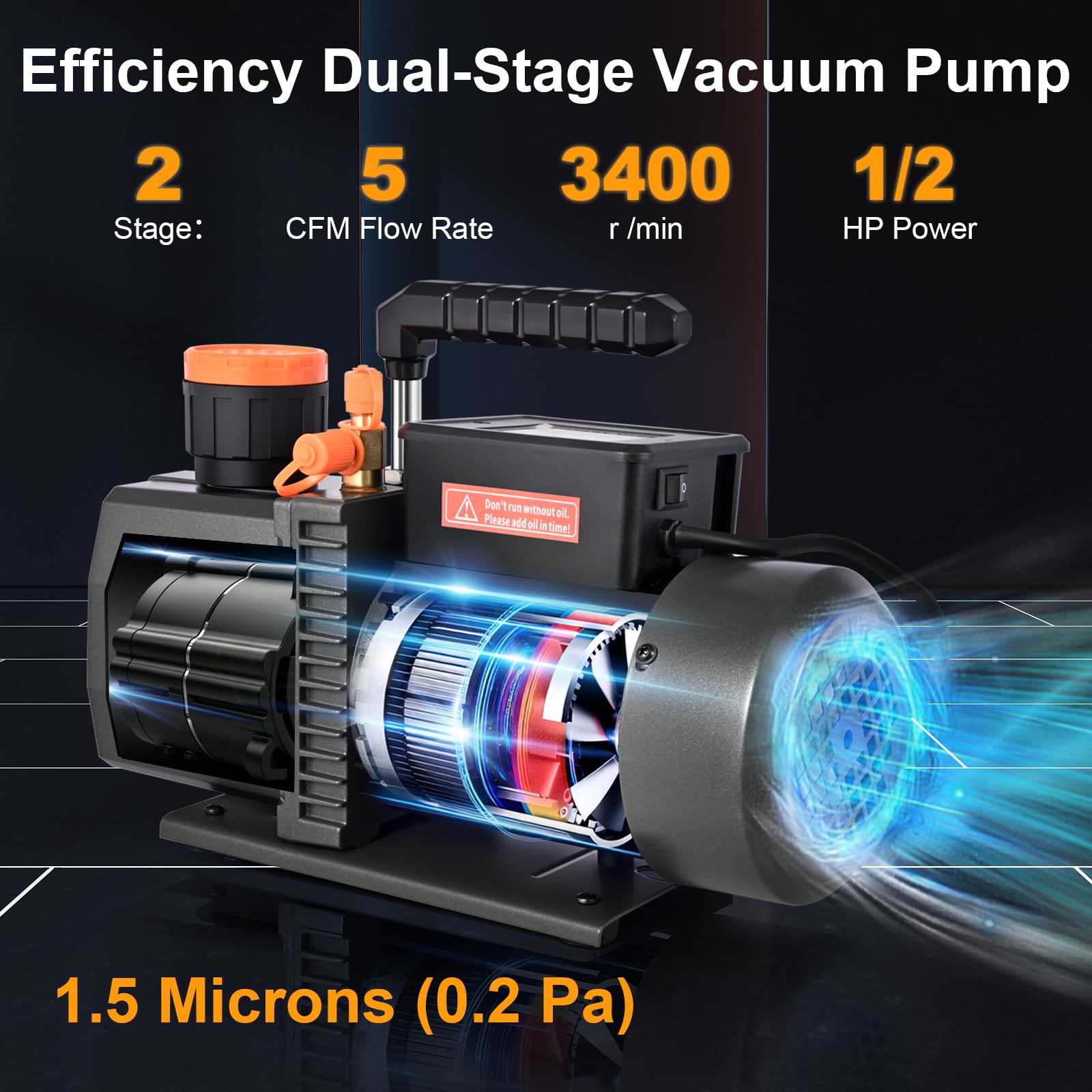 Industrielle zweistufige Vakuumpumpe, 5 CFM, 1/2 PS, auslaufsicher, für R134a/R410a/R32-Systeme, HVAC Auto-AC-Reparatur mit 2 x 250 ml Ölflaschen, 20 Mikron Ultimate Vacuum