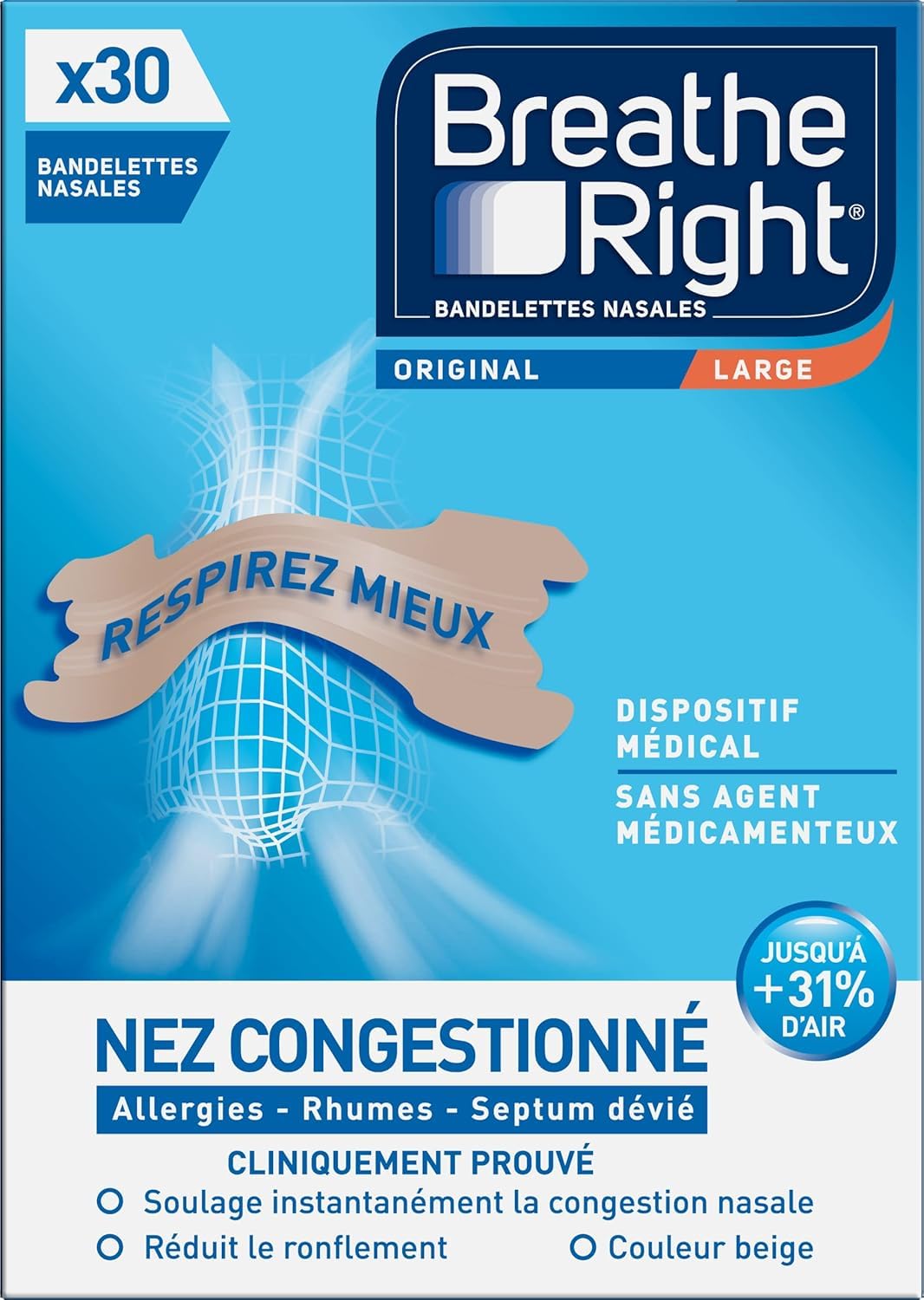 Breathe Right Original Nose Band - Large - Sleep - Helps Reduce Snoring - Colds, Allergies, Sports, Helps You Breathe Better - Skin Colour, Pack of 30