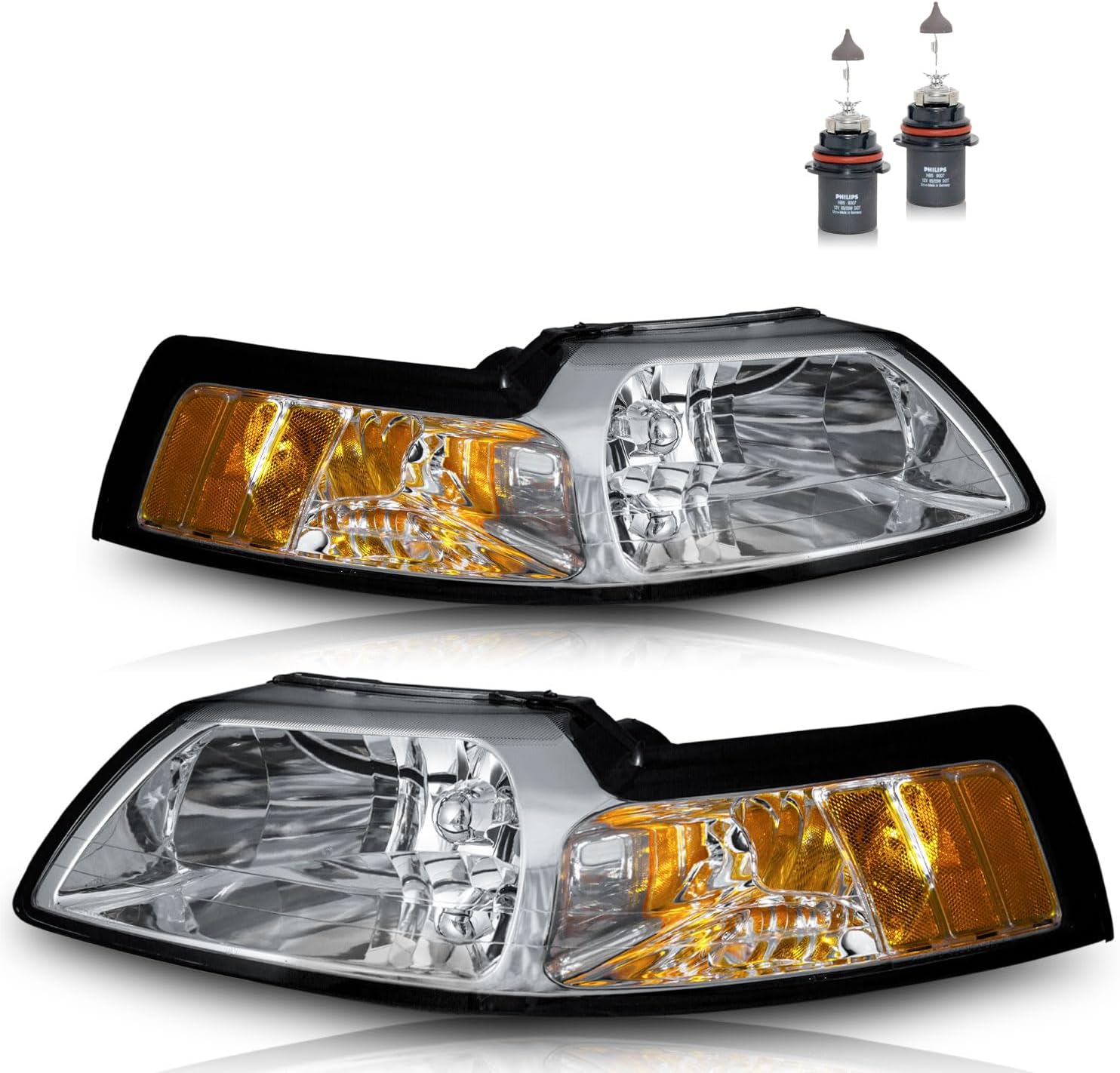 Headlights Assembly for 1999-2004 Ford Mustang Halogen Headlamp Replacement, High/Low Beam W/Bulbs, Driver & Passenger Side