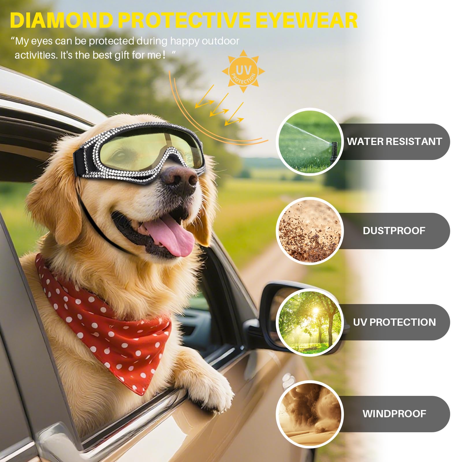 WOOFUU Pet Sunglasses for Dogs and Cats, UV Protection Glasses with Diamond Accents, Yellow-Reflective Lenses - Image 3