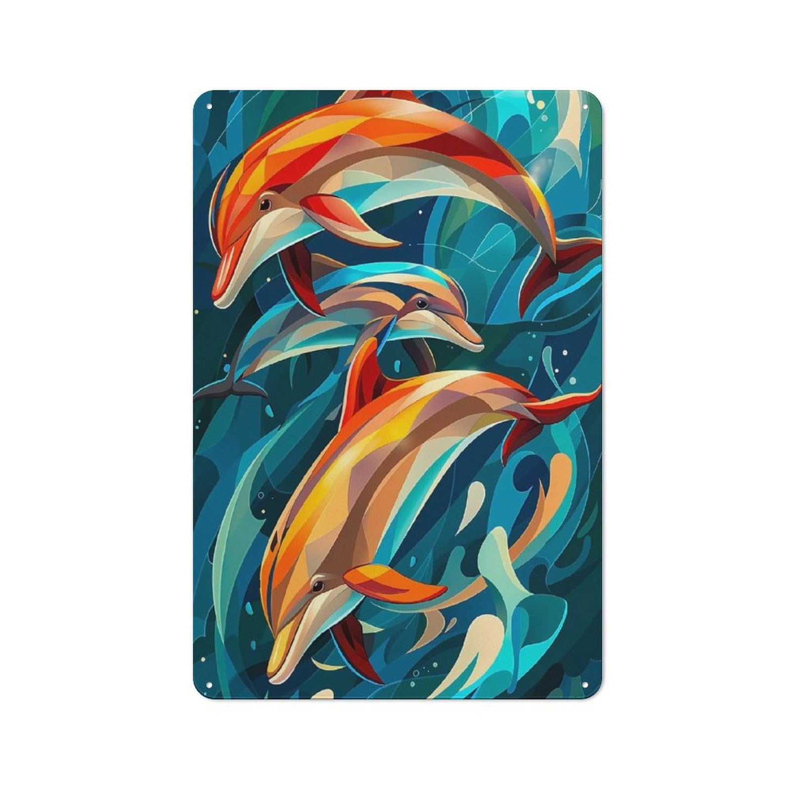 Junmoney Style-19 Colorful Dolphins Swimming In Blue Water Character Metal Wall Decor 30X20cm, Vintage Metal Sign For Home, Shop, Pub Or Studio Wall