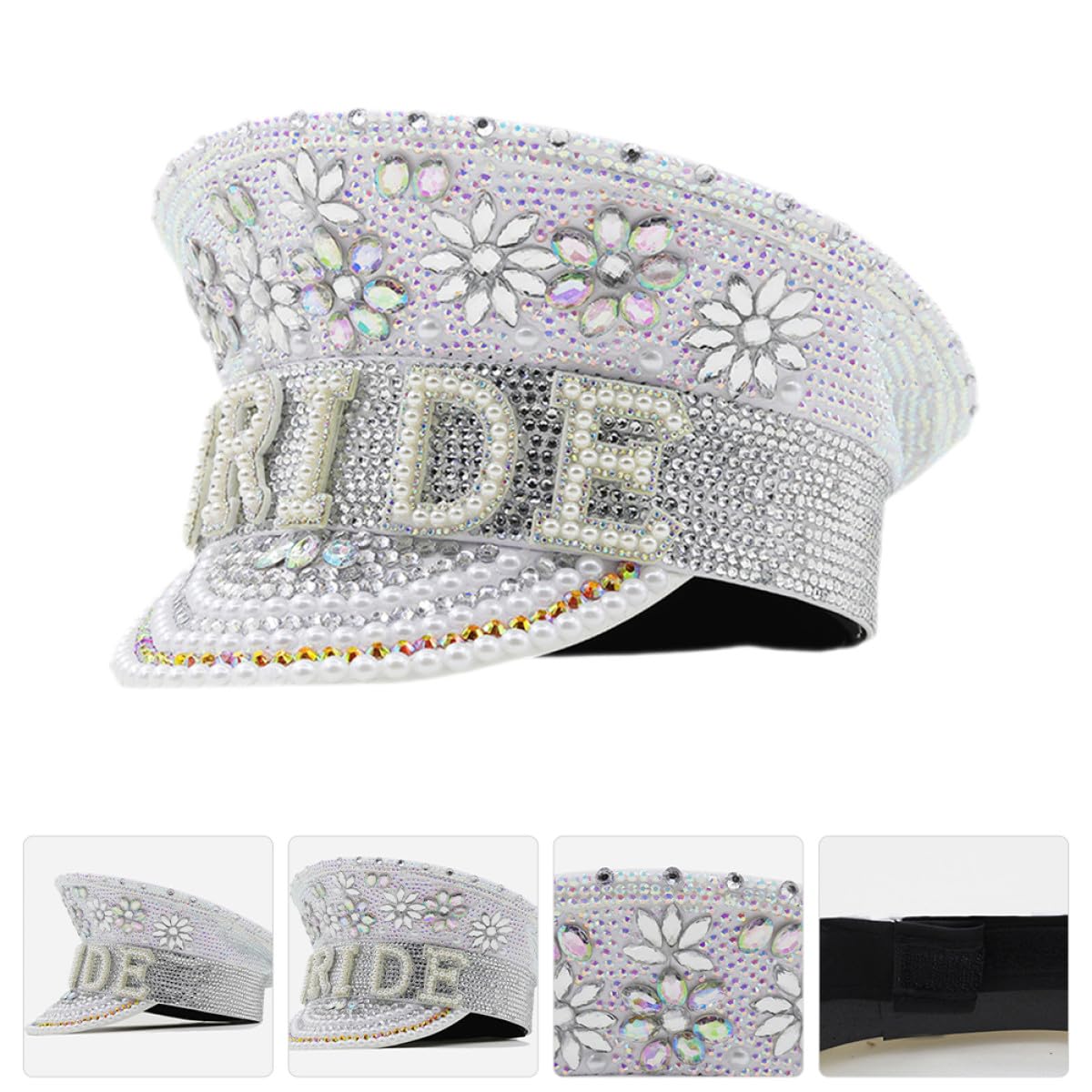 Ciieeo Sombrero de Novia Blanco Gemas de Imitación, Gorra de Capitán Ajustable para Despedida de Soltera y Bodas, Accesorio Elegante para Fiesta y Evento Nupcial