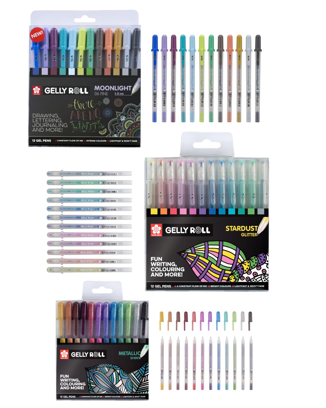 SAKURA Gelly Roll Gelstifte Set 36 Farben – Moonlight Neon, Stardust Glitzer & Metallic Gelstifte für Bullet Journal, Zeichnen & Basteln