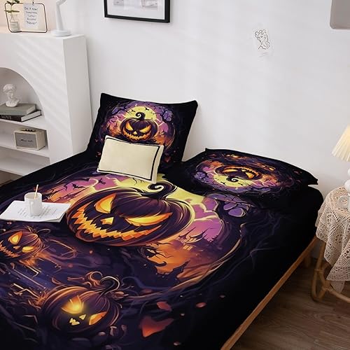 Miniatura 143 de Sábanas de Halloween tamaño individual – Juego de sábanas espeluznantes de calabaza murciélago para niños y niñas, juego de sábanas temáticas