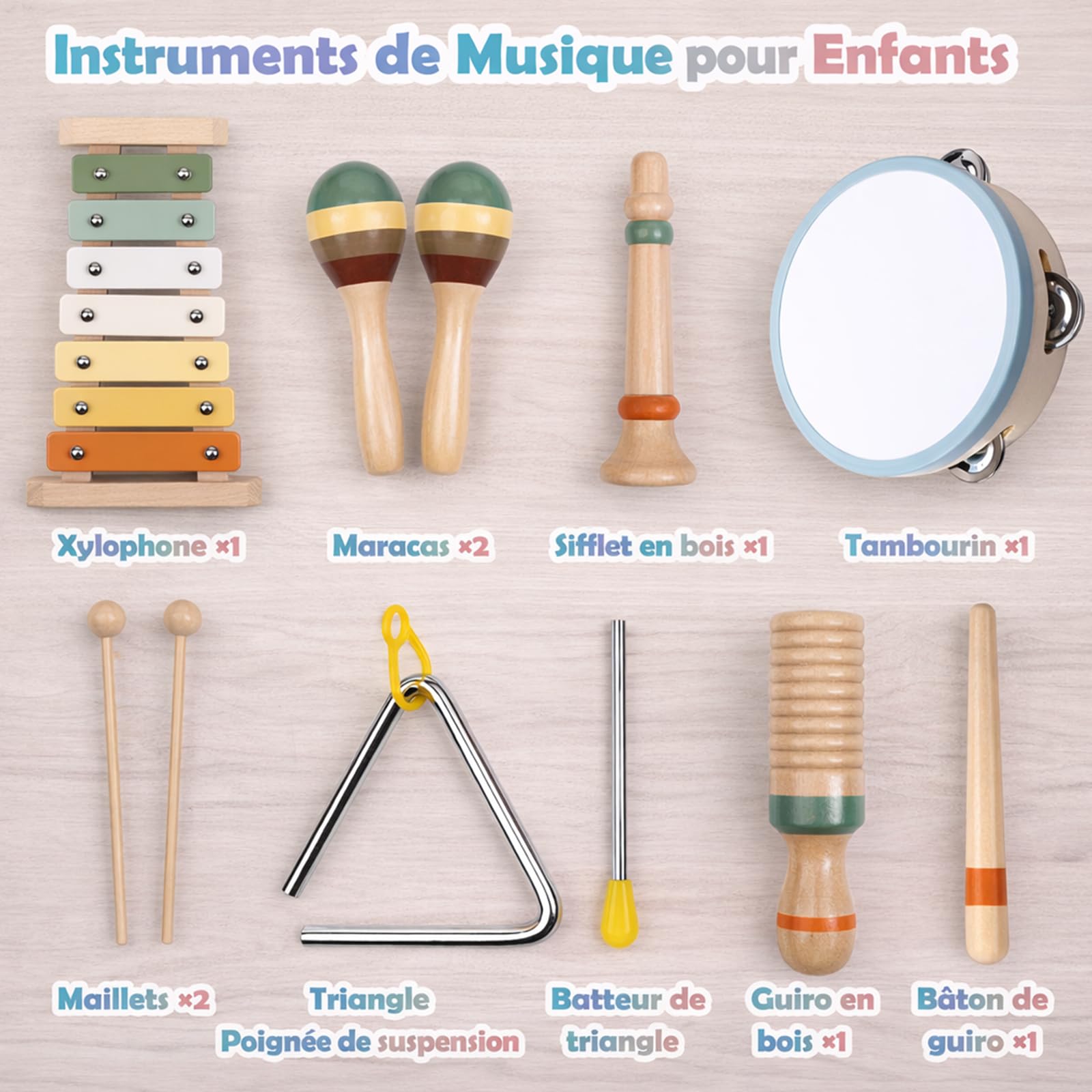 Instruments de Musique Montessori en Bois pour Enfants, 12 pièces dès 3 Ans | À taper, secouer, gratter et souffler pour explorer différentes sonorités, le rythme et plusieurs façons de jouer