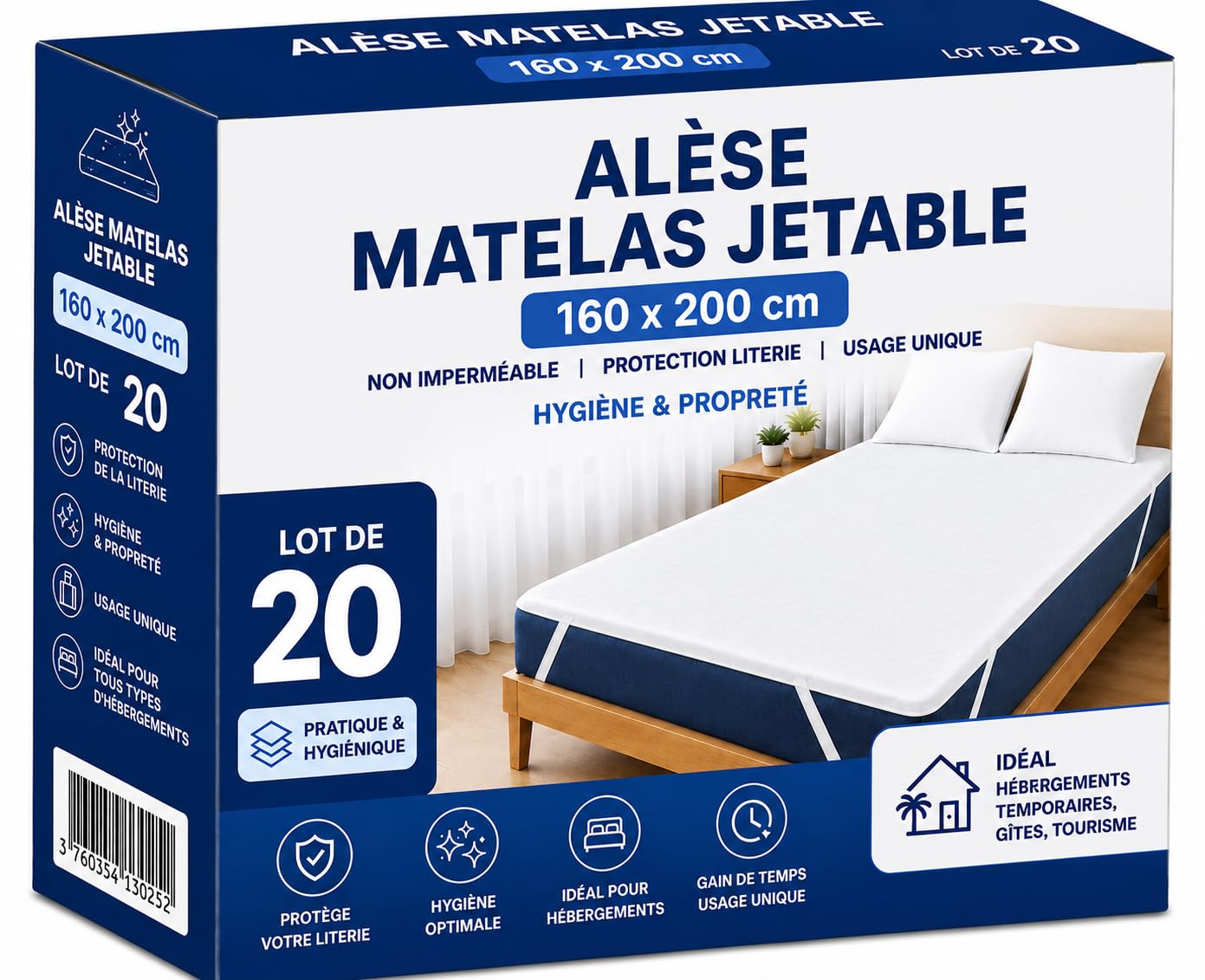 Protège-Matelas Jetable 160x200 cm | Lot de 20 Alèses | Lit 2 Places | Non Imperméable | Protection Literie Usage Unique | Idéal Gîtes, Hôtels, Hébergement Temporaire