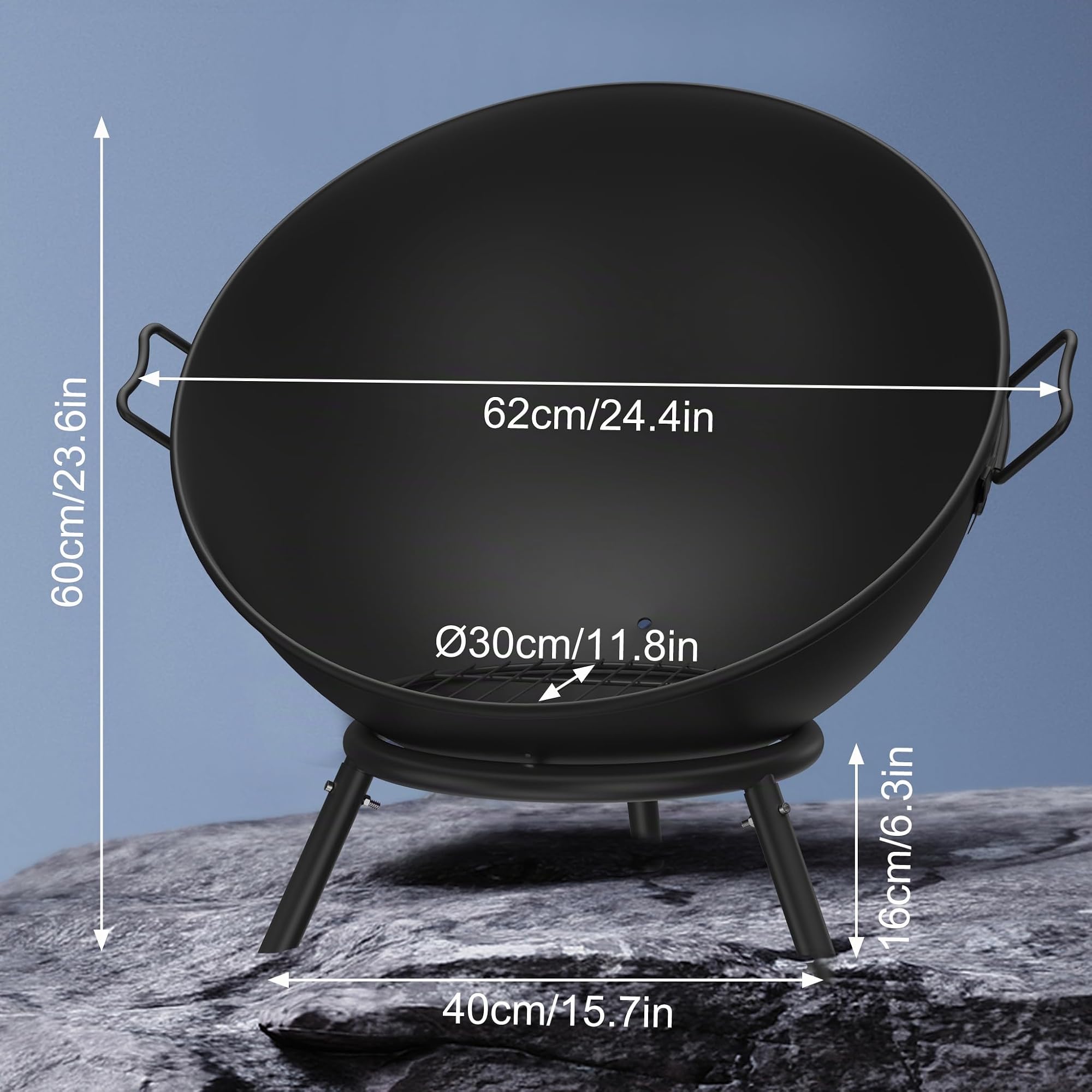 Feuerschale 62 cm Feuerschalen für den Garten, Terrasse & Balkon Feuerkorb Camping aus Stahl Feuerstelle Outdoor mit Dreibein Gestell Feuertonne Flexibel Einstellbarer für Lagerfeuer Schwarz