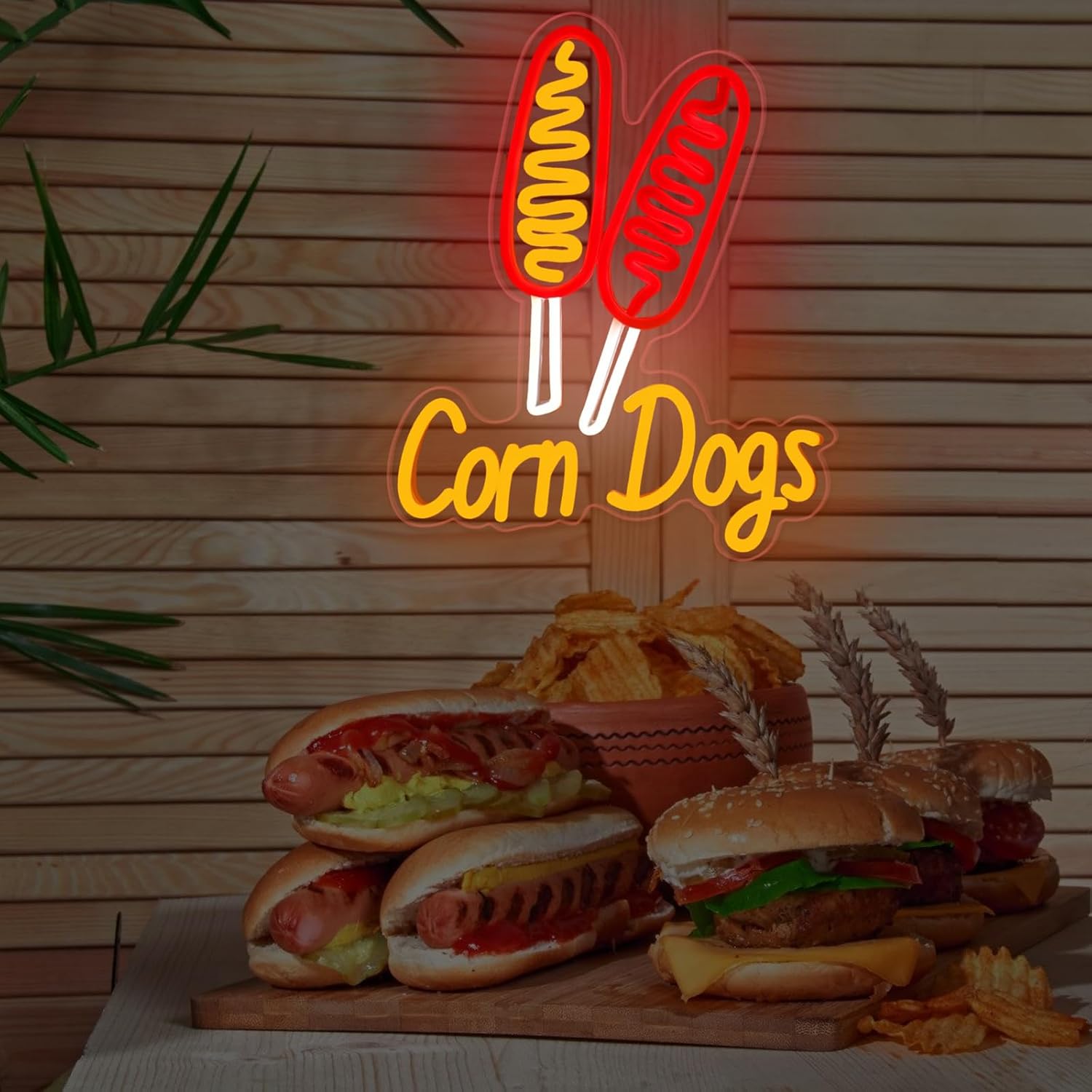 Corn Dog Neon Sign - Snack Neon Light Sign USB Powered Dimmable Suitable for Restaurant, Dining Room, Party, Wedding, Bar and Club Food Neon Sign Wall Decoration - 14.17″ × 11.81″