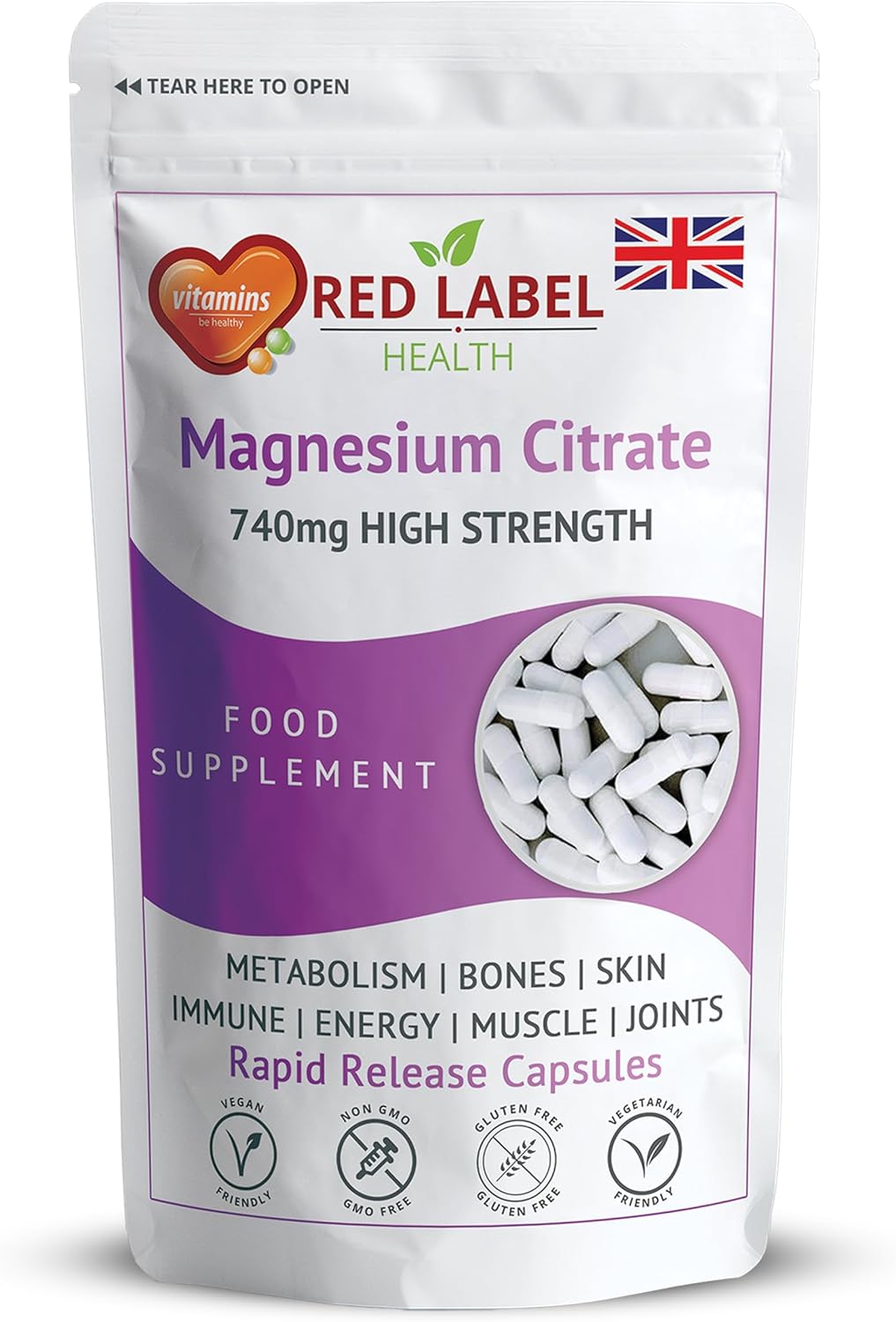 Magnesium Citrate 30 Capsules 740mg Provides 200mg Elemental Magnesium Highly Absorbable Bone, Muscle, Energy Support One a Day Vegan Capsules