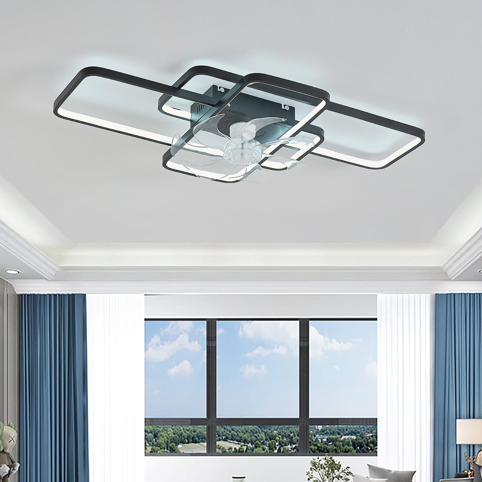 Rettangolo Lampadario Ventilatore Reversibile Silenzioso 6 Velocità Cameretta Ventilatore Soffitto Con Luce Dimmerabile Timer Soggiorno Ventola Soffitto Con Luce LED Creativo Per Cucina-Black|72cm