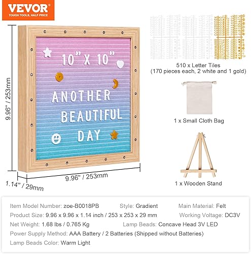 Miniatura 7 de VEVOR Tablero de letras de fieltro degradado, tablero de mensajes de fieltro de 10 x 10 pulgadas, tableros de letreros intercambiables con 510