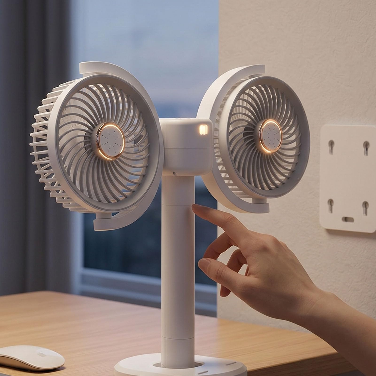 Ventilatore da Tavolo Compatto a Doppia Testa, Rotazione di 360 Gradi, Clip Ricaricabile Silenziosa a 4 velocità, Ventilatore da Tavolo Portatile con Luce Notturna e Morsetto per Camera da