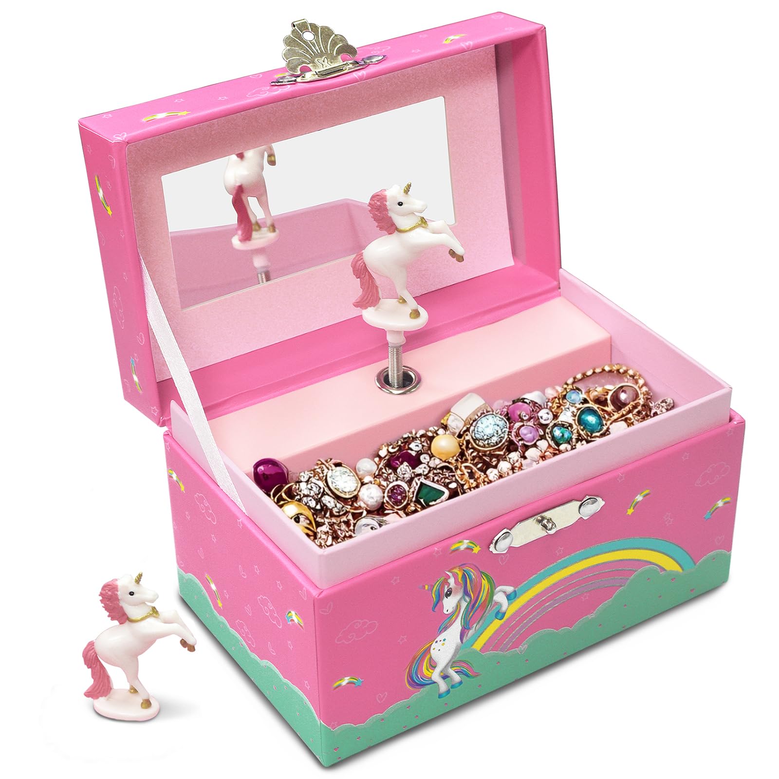 DWIYITTN Unicorn Kids Jewellery Box Gift for Girls  Musical Jewellery Box with Rainbow DesignPink Girls Jewellery Box, 14 x 8.5 x 8.5 cm  Jewellery Not Included
