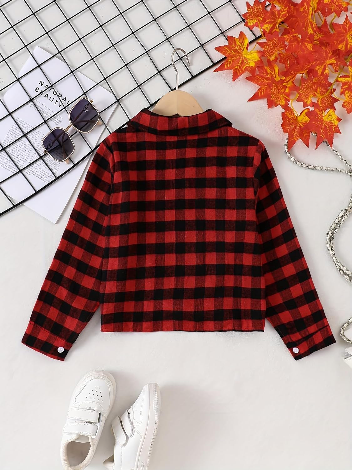 Girls Long Sleeve Flannel Plaid Button Down Shirt Red Kids Tie Front Blouse Tops Collared Shirts for 8-12 Y