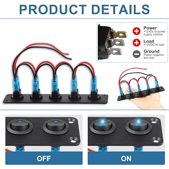 5 Gang Rocker Switch Panel 12V-24V 20A Pre-Wired Round Waterproof On/Off