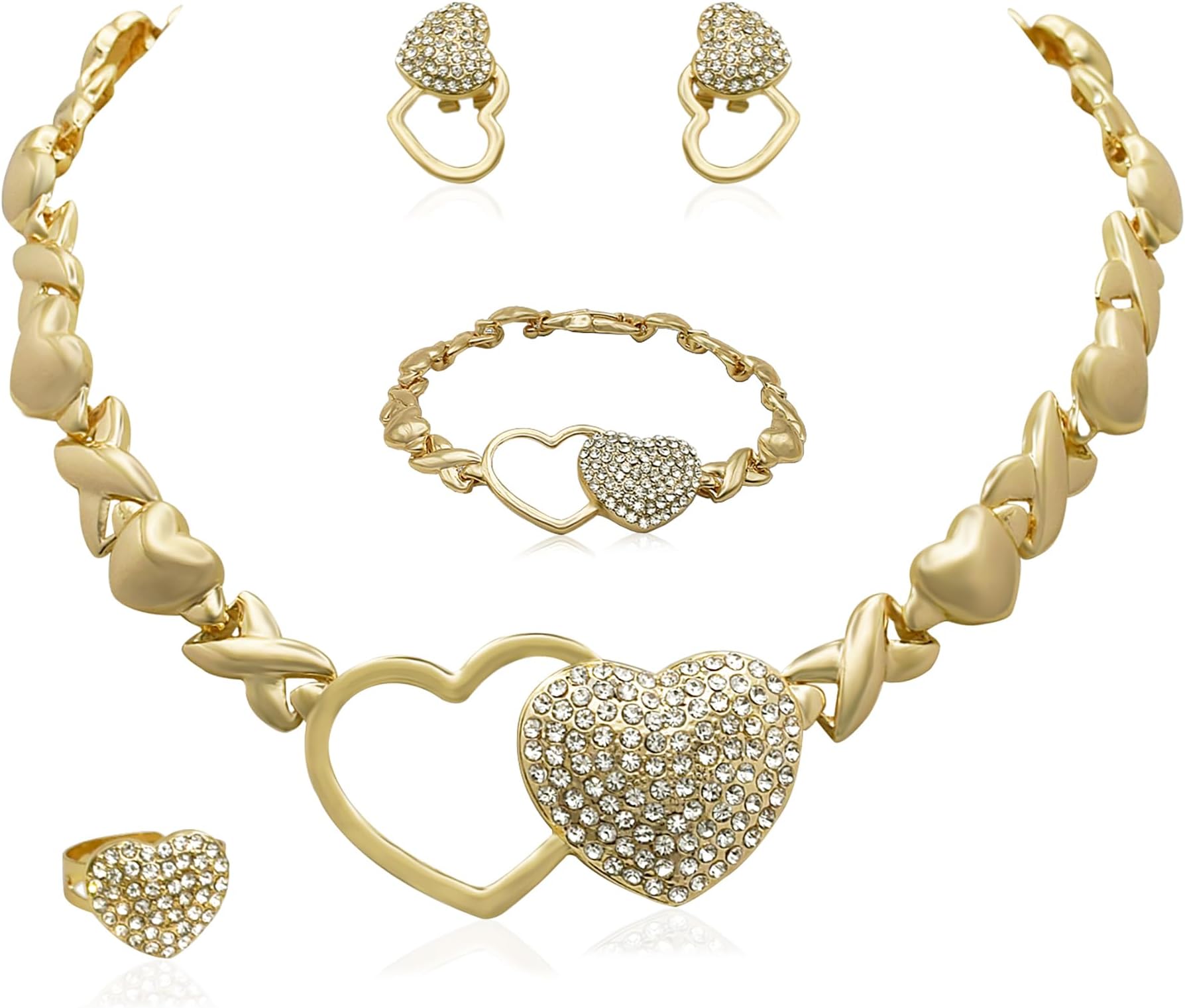 Gold Jewelry Set 18K Gold Accessories for Women Jewelry Set Wedding Bridal Fashion Jewelry Sets Women Accessories Bracelets Earrings and Rings Sweetheart Gifts