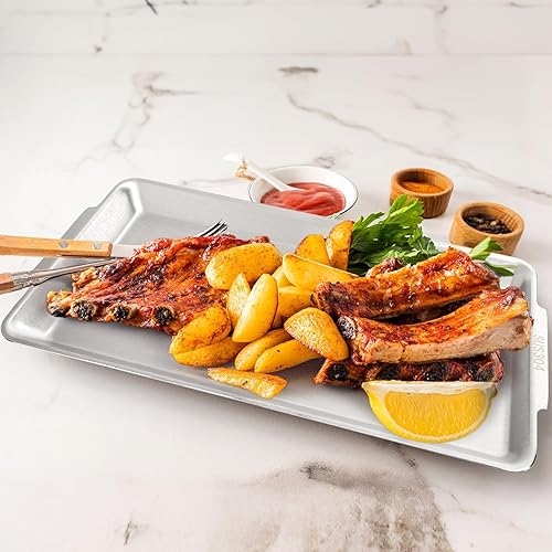 Miniatura 8 de ZENFUN 3 paquetes de 304 platos de acero inoxidable para servir, platos rectangulares de metal con asas, bandejas organizadoras decorativas para