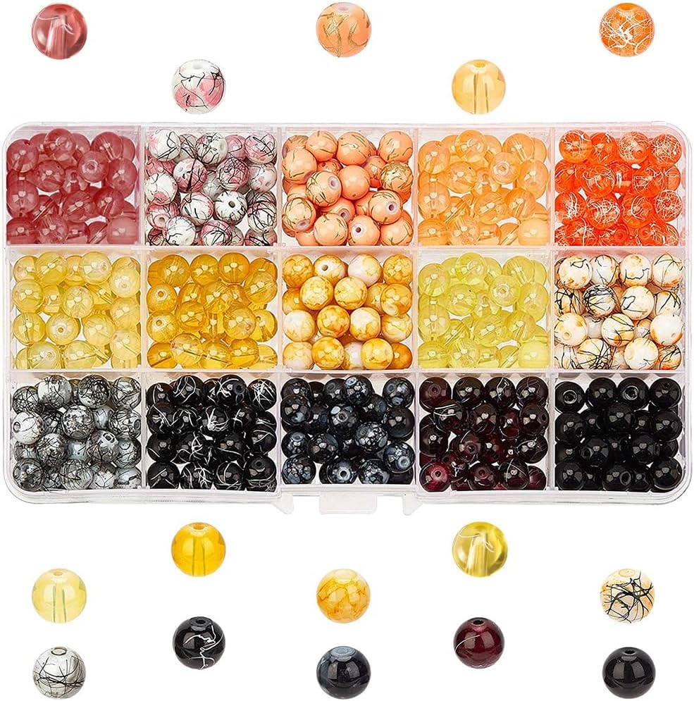 PH PandaHall 450pcs 8mm Halloween Glass Beads, 15 Color Black Yellow Beads Spacers Round Drawbench Baking Painted Spacer Loose Beads for Fall Thanksgiving Bracelets Necklaces Earring Jewelry Making