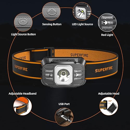 Miniatura 6 de SuperFire Linterna frontal recargable, 650 lúmenes, súper brillante, con sensor de movimiento, para niños, 7 modos con luces rojas, diadema que