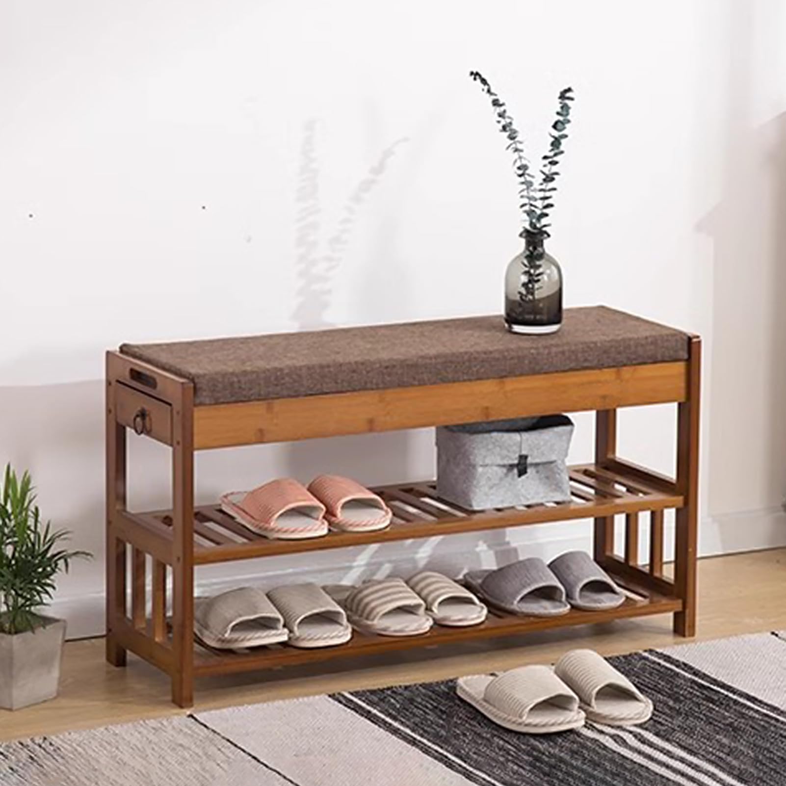 Ława Do Przechowywania Butów Z Poduszką I Szufladą, 3-Poziomowy Organizer Na Buty Do Przedpokoju, Korytarza, Salonu, Łazienki, Brązowy, Brązowy, 90 X 29 X 49 Cm
