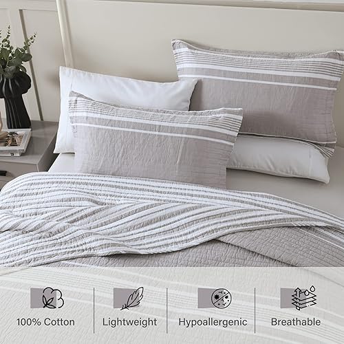 Vista 82 de PERHOM Juego de edredón tamaño Queen – Juego de ropa de cama 100% algodón, colcha ligera reversible de retazos florales para cama Queen, gris Gris