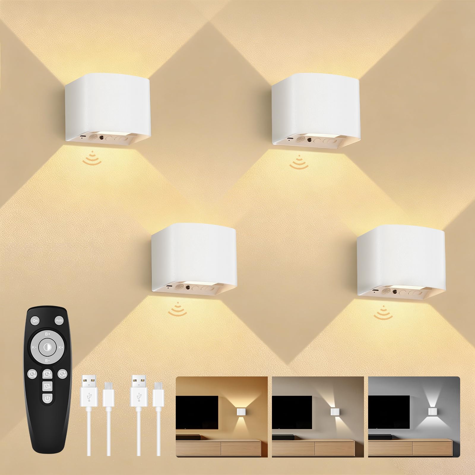 GeyouLux 5000mAh Akku Wandleuchte Innen mit Bewegungsmelder, Wandlampe mit Fernbedienung Einstellbar Abstrahlwinkel, 3 Modi 2700K-6500K Dimmbar Timer LED Aufladbare Wandleuchte für Treppe Flur 4 Stück