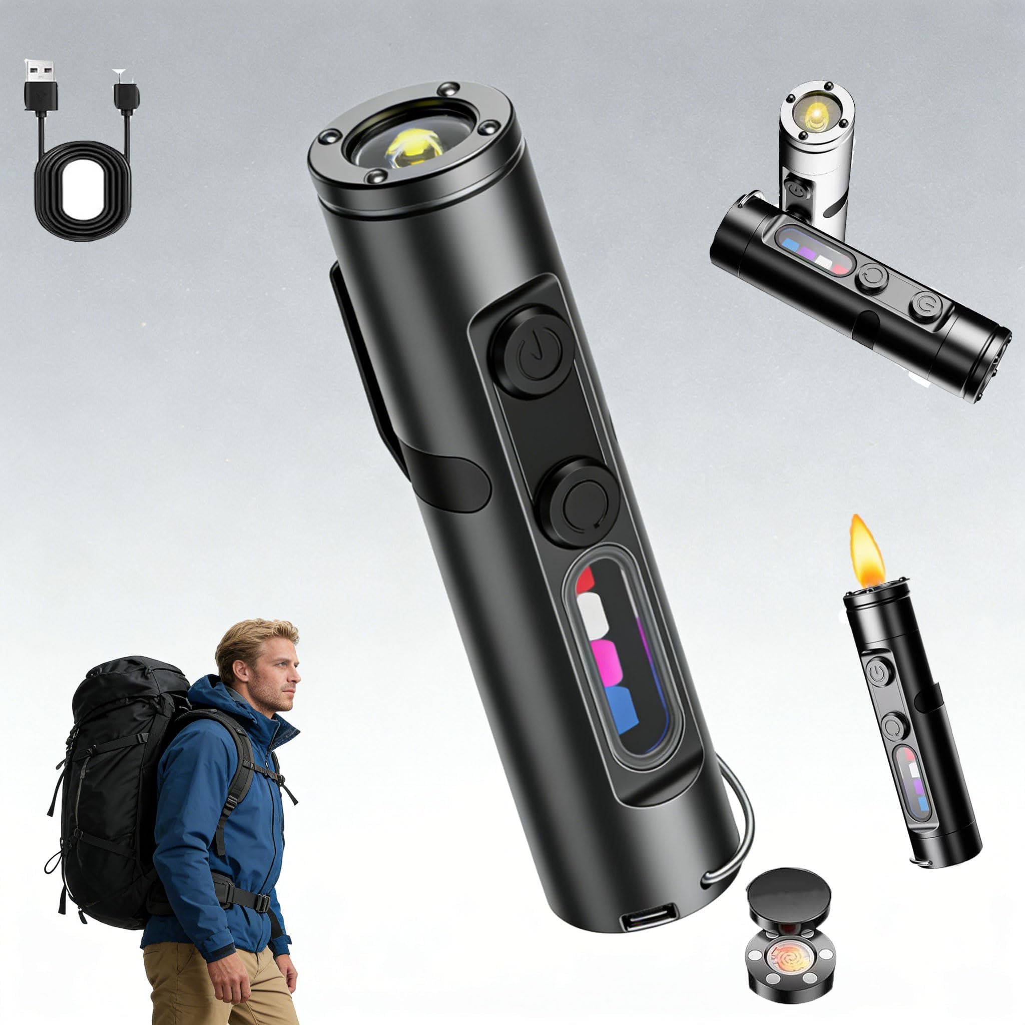 Pocket Rechargeable EDC Flashlight: Mini Keychain Light with Fire Starter & Window Breaker,500 Lumens Micro Torch, Magnetic Base Emergency Torch for Camping,Hiking & Daily Carry (Black)