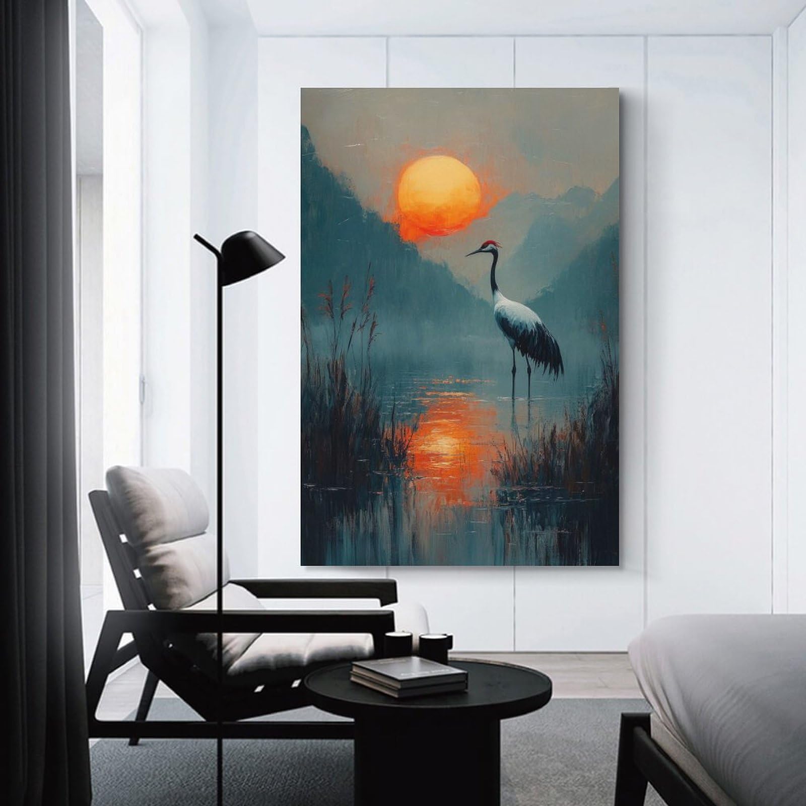 Junmoney Unframe-Style-17 Crane Sunset Landscape Canvas Wall Decor, 08X12inch(20X30cm), For Flats, Guest Rooms Or Compact Rooms, Decorative Canvas Decor For Home Updates