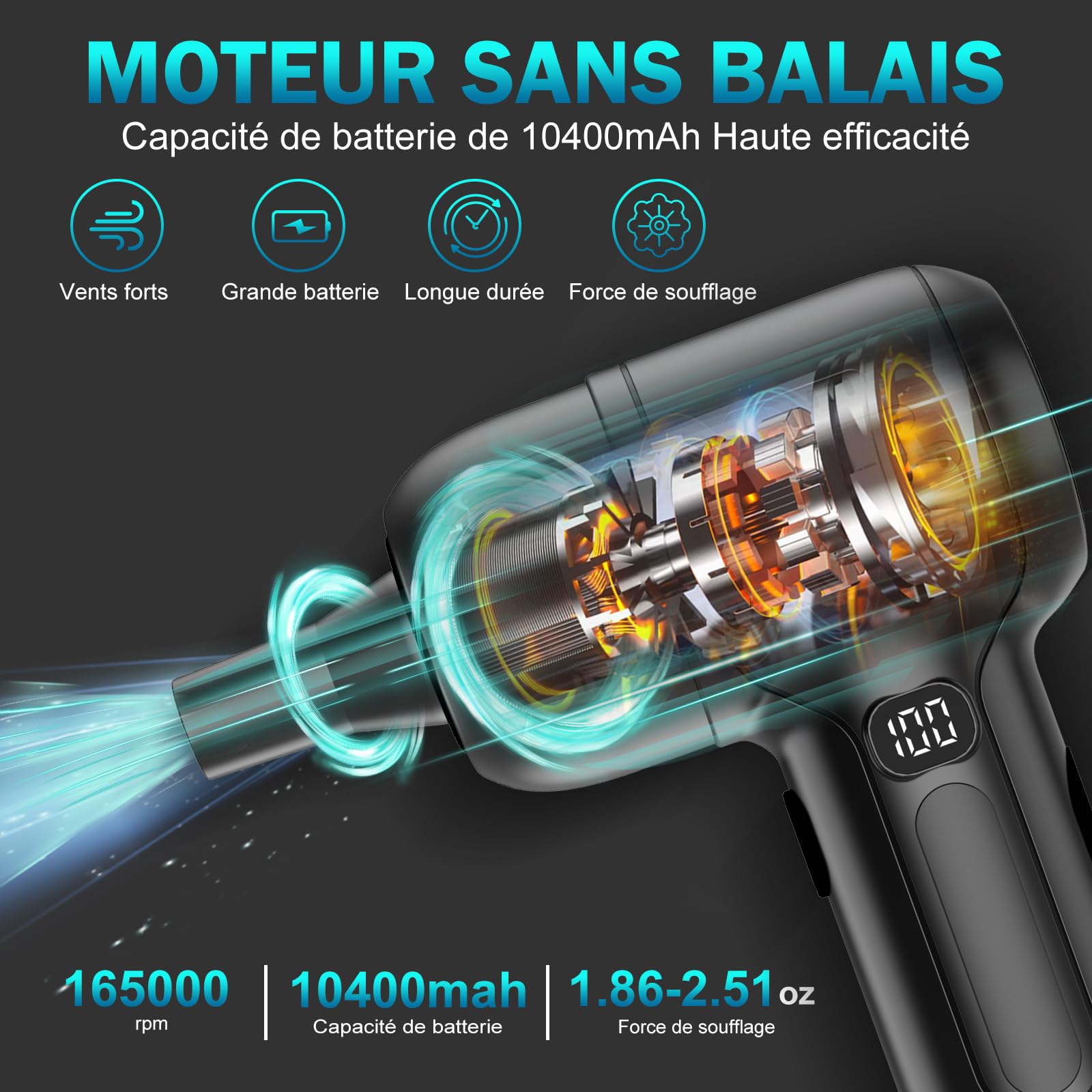 Souffleur Air Comprimé Électrique - Jusqu'à 165 000 RPM, Batterie de 10 400 mAh, Bombe Air Sec pour PC avec Recharge USB et Type-C, Écran LED - ULtronics X