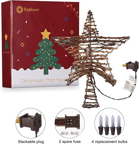 Vista 6 de Brightown Estrella para la Copa del Árbol de Navidad Iluminada Enchufable 3D Ratán Rústico Natural Estilo Granja con 10 Bombillas Integradas