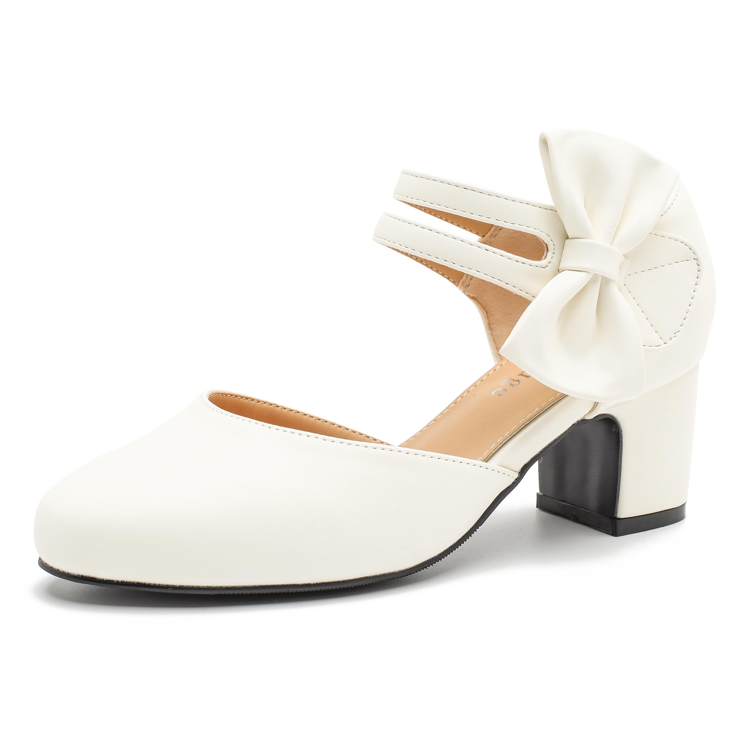 Enelauge Women's Bow Closed Round Toe Ankle Strap Pumps D'Orsay Low Block Chunky Heels Elegant Wedding Bridal Party Dress Shoes
