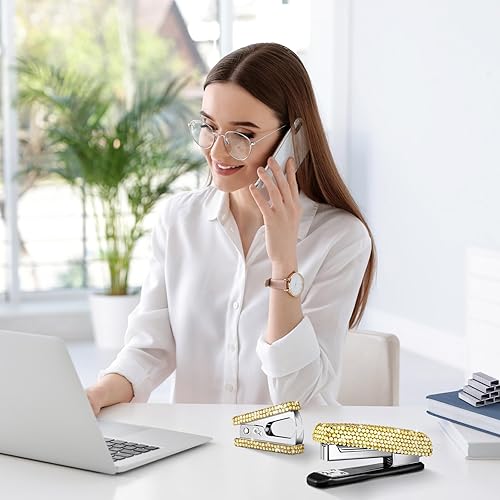 Miniatura 9 de Juego de 6 piezas de accesorios de escritorio de oficina, kit de papelería escolar de cristal, grapadora de tijera con grapa, dispensador de cinta,