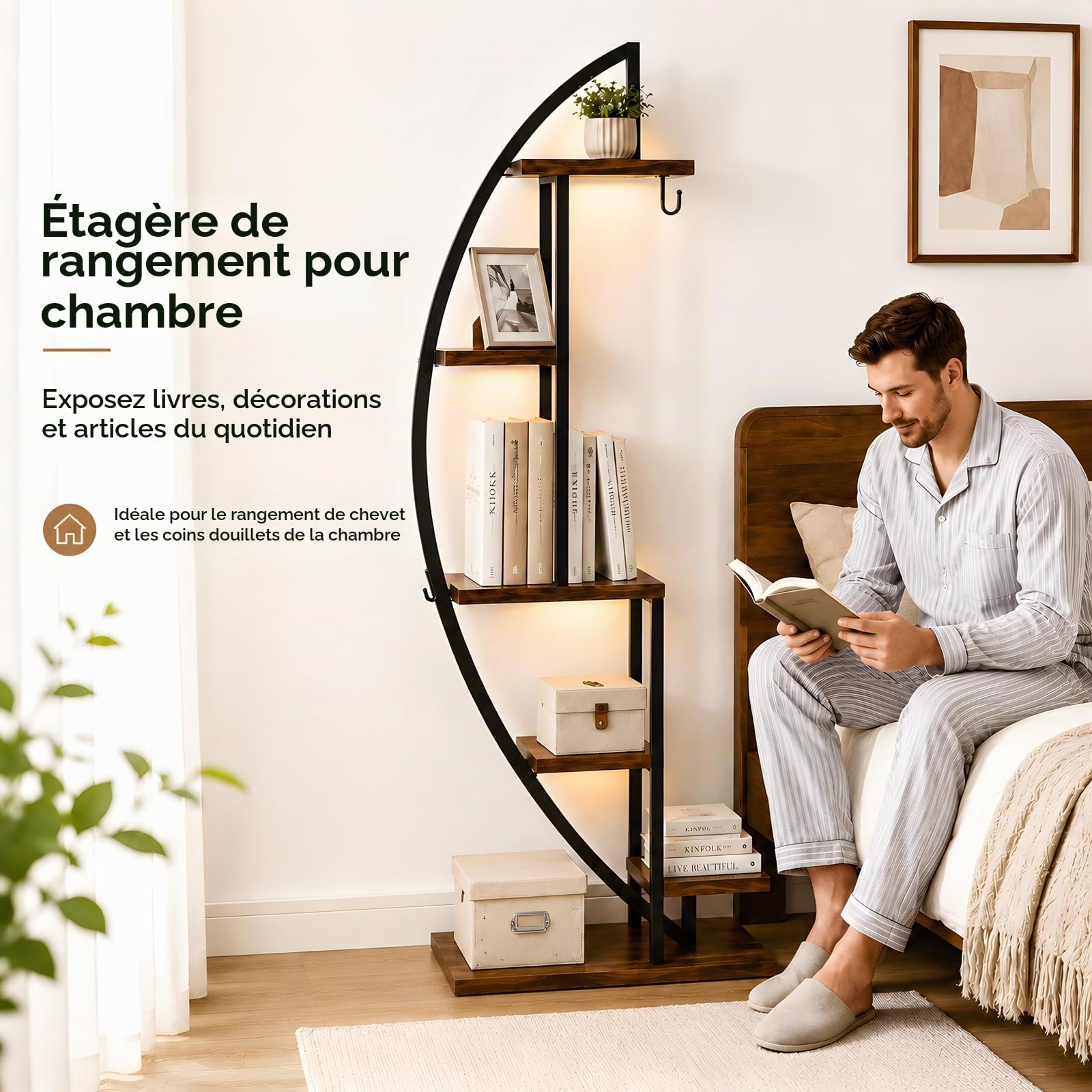 Étagère d'angle Industrielle avec Lumière LED Plantes – Meuble d'angle Gain de Place Étroit, Bibliothèque Demi-Lune Bois et Métal pour Coin Salon, Entrée ou Chambre, Hauteur 160 cm