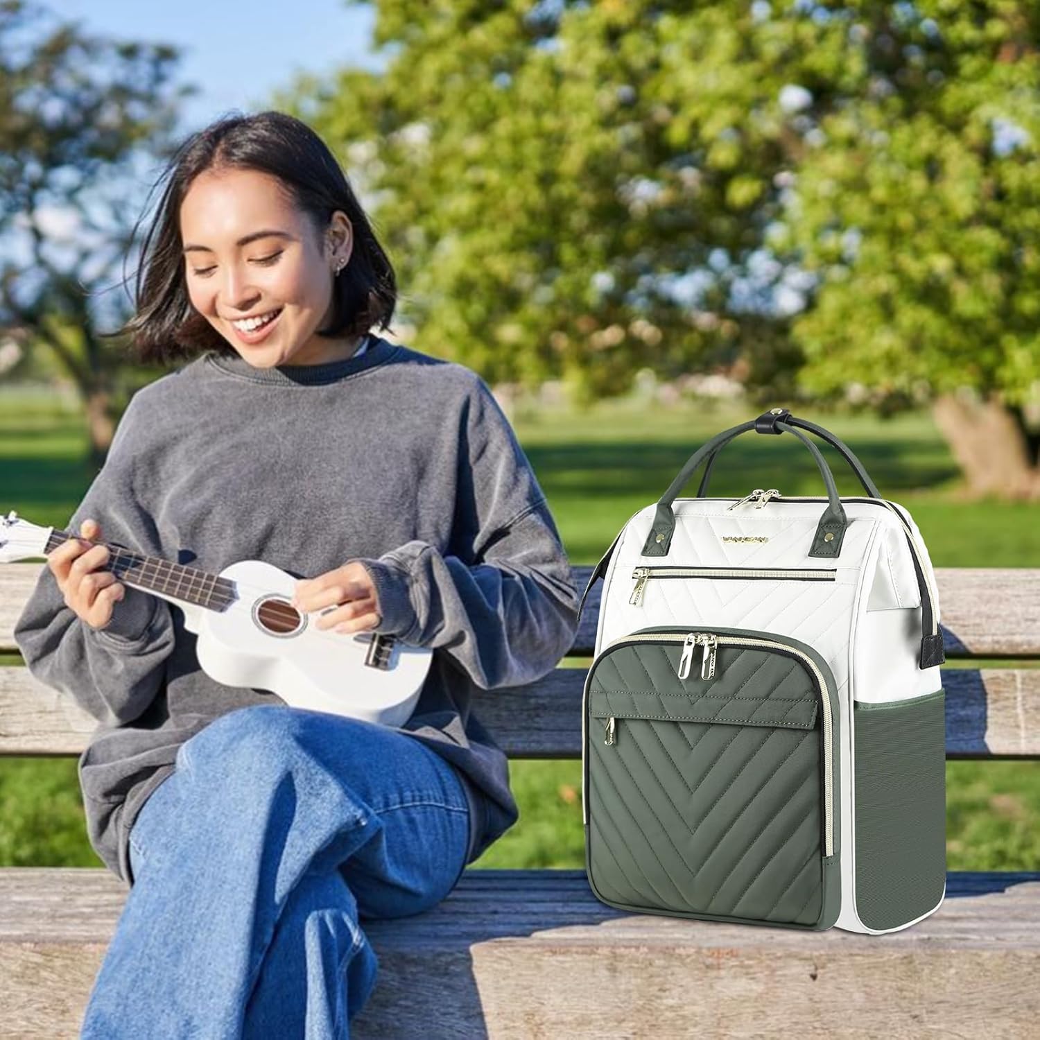 VANKEAN 17 Inch Laptop Backpack for Women Men Fashion Computer Work Bag, Large Capacity Waterproof Backpack with USB Port & RFID Pockets, College Daypack Business Travel, Beige-Army green - Image 7