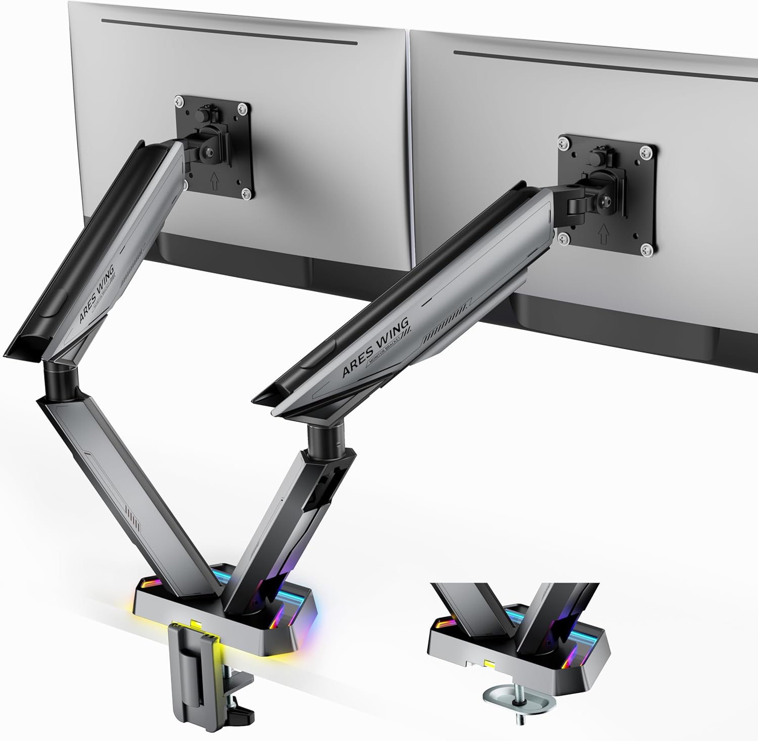 ARES WING RGB Dual Monitor Arm for 17-38 inch Ultra Wide Monitors, Supports 36.2 lbs, Heavy Duty Dual Monitor Stand for Desktop, Adjustable Dual Monitor Stand with