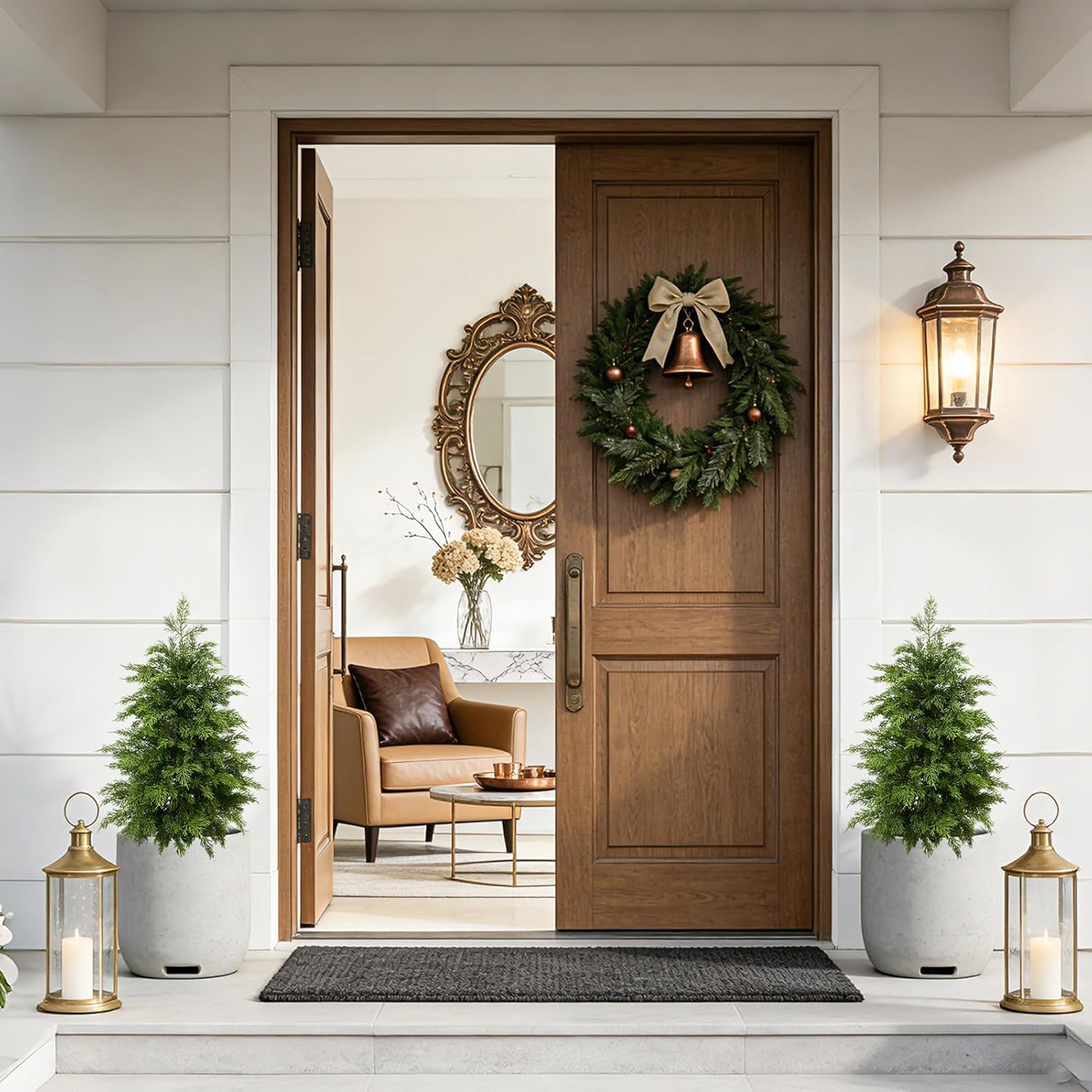 2ft Artificial Cedar Topiary Trees 2 Pack,Real Touch Cedar Tree Faux Plants Potted UV Resistant Evergreen Tree for Outdoor Indoor Door Garden Farmhouse Home Decoration