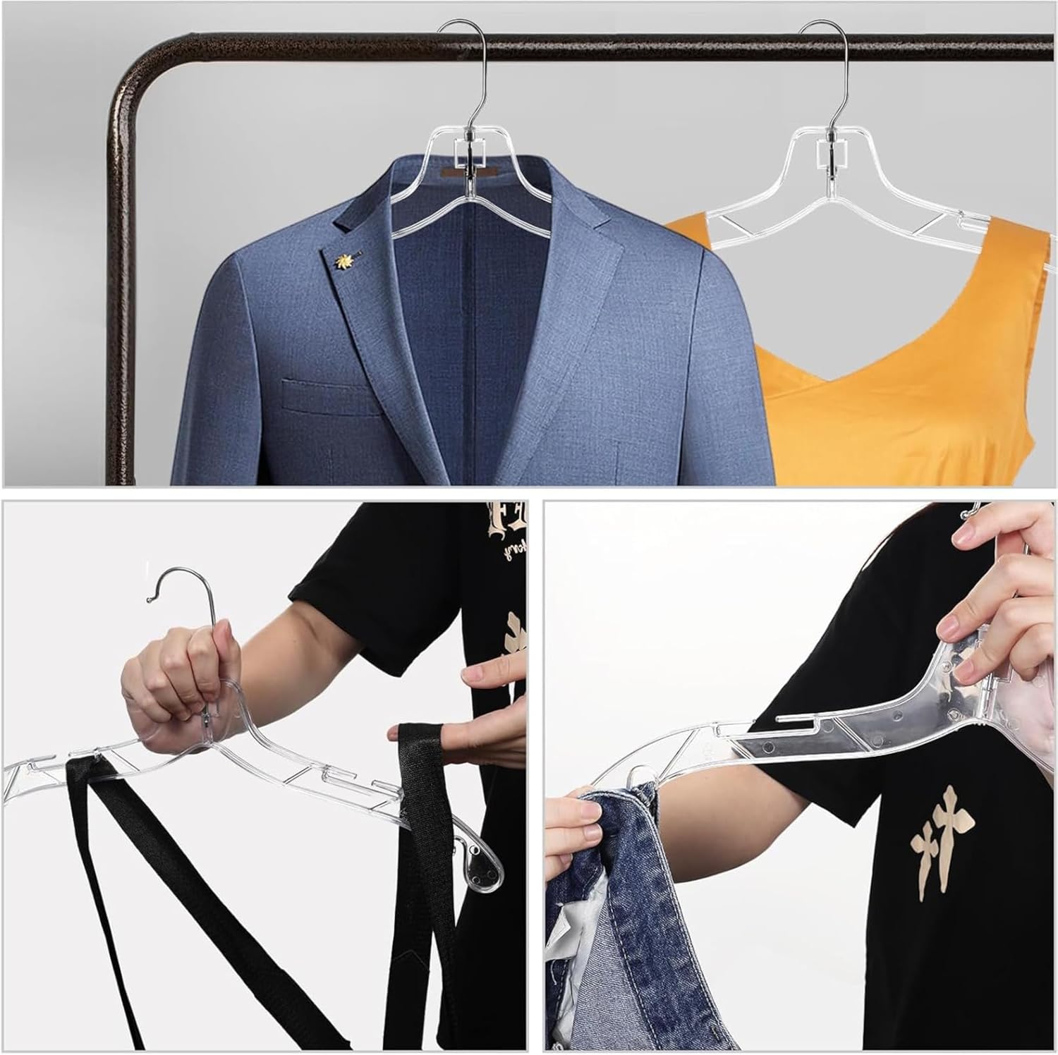 12 Pack Clear Plastic Hangers, 16.7 Inch Shirt Hanger, Clear Acrylic Hanger with 360 Swivel Metal Hook and Notches, Space Saving Heavy Duty, Dress Hangers for Clothes Shirts Dresses