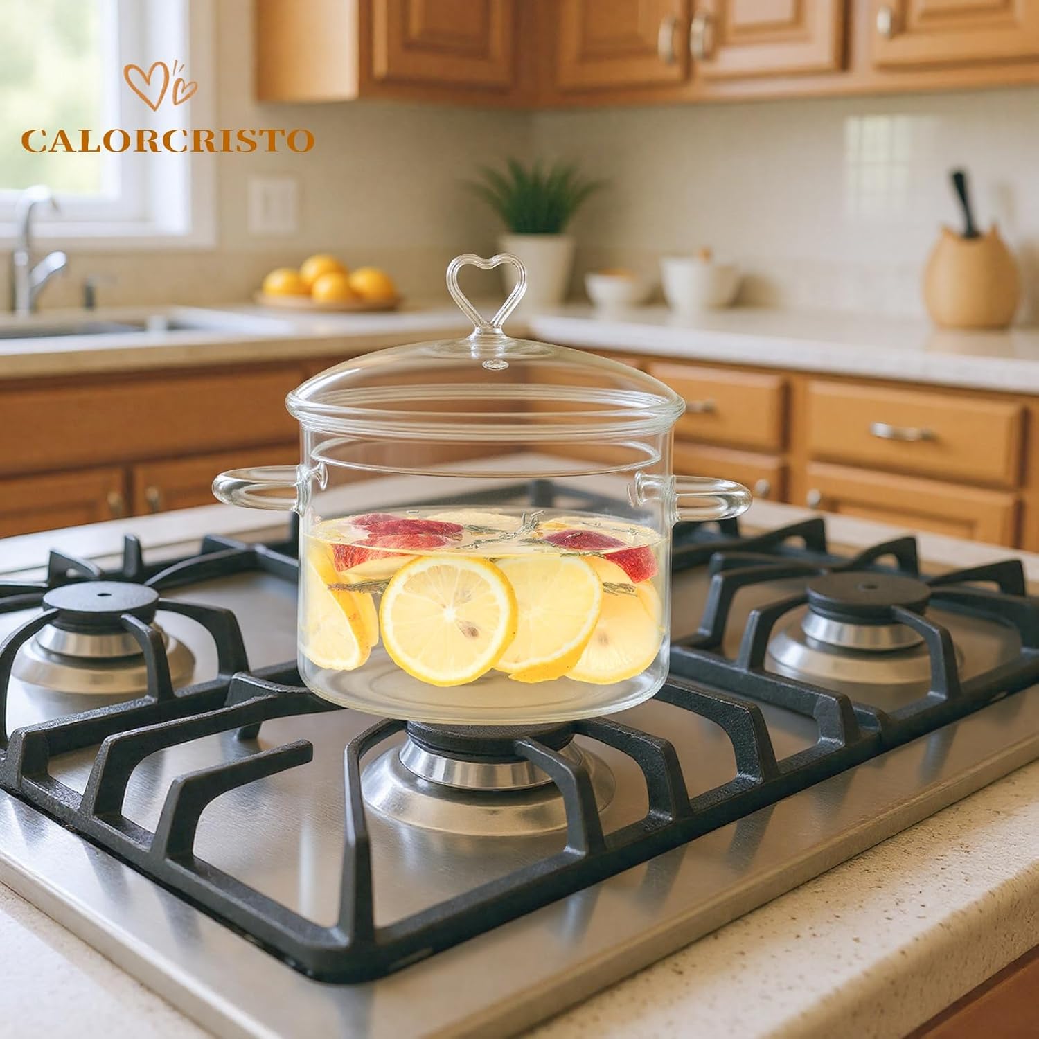 2 L Glass Cooking Pot with Lid, Simmer Pot for Stove Potpourri, Save Energy, Heat Resistant, for Water-based Recipes. Heart Shape Lid, Clear,2000ml(68oz)