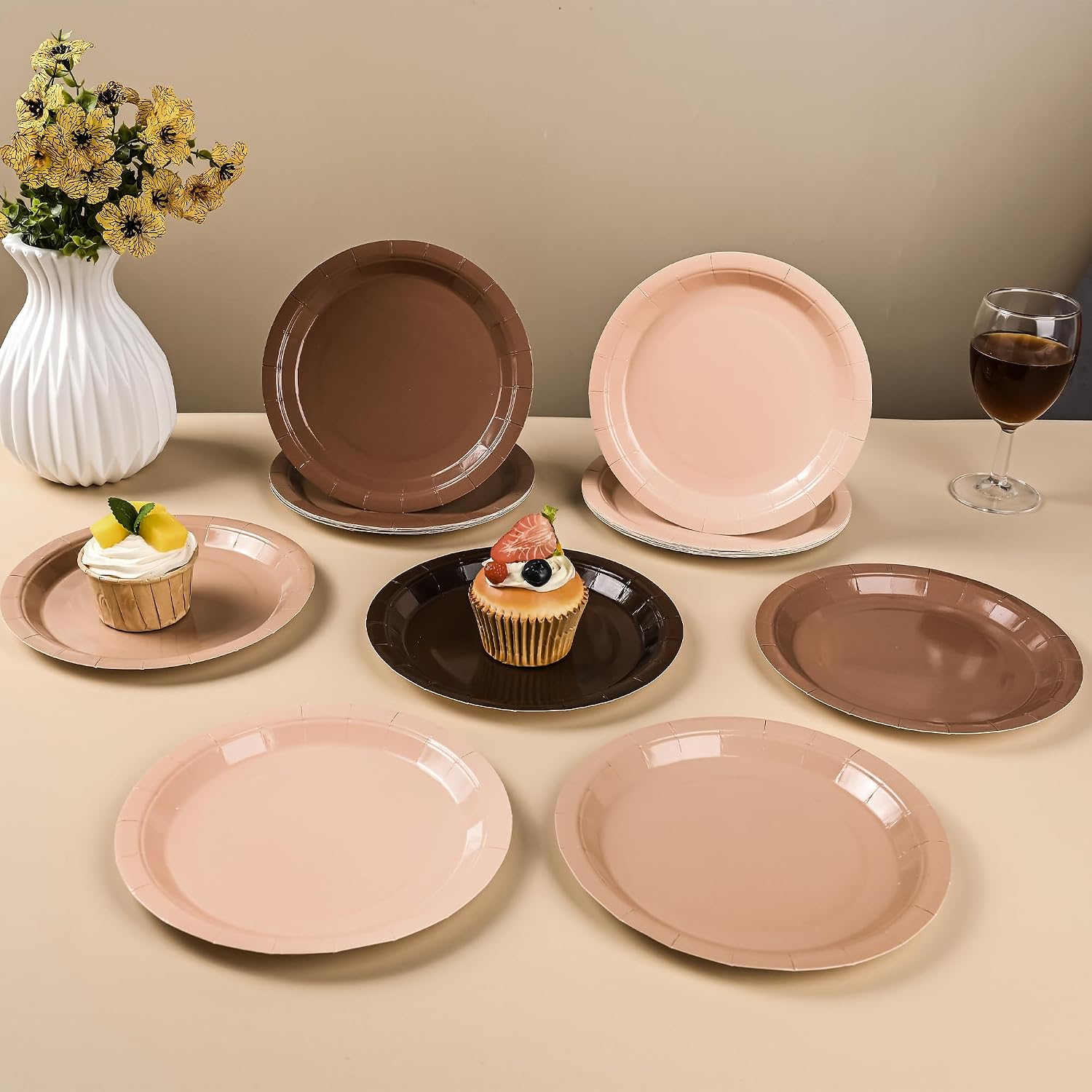 AimFun 24Pcs Brown Paper Plates Gradient Brown Party Plates 4 Colors 7”Disposable Round Dessert Plates for Birthday Holiday Thanksgiving Gathering Party Supplies