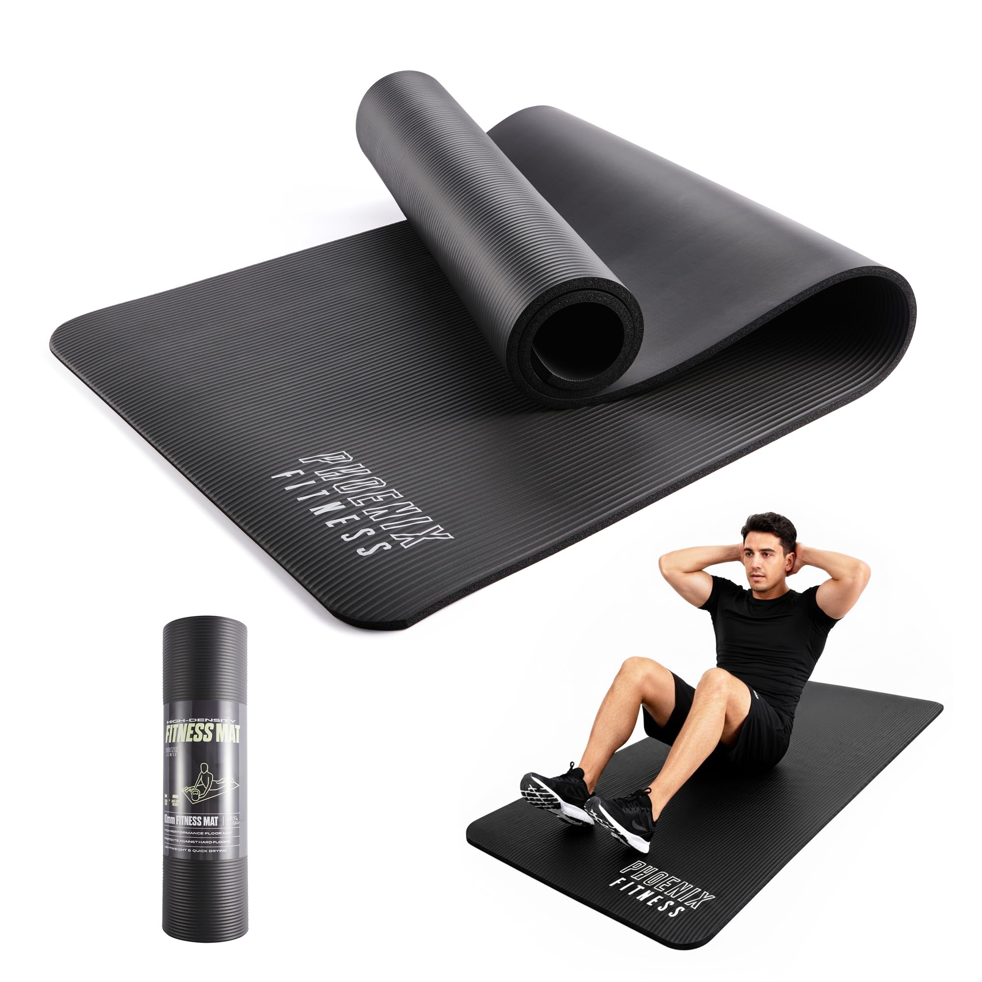 Phoenix Fitness NBR - Tappetino da yoga extra spesso 15 mm, con cinghia per il trasporto, antiscivolo, per HIIT, esercizi e pilates, per uomini e donne, nero o rosa