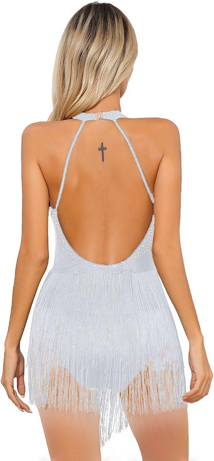 ranrann Women's Latin Dance Dress Deep V Neck Backless Fringe Salsa Cha-Cha Rumba Ballroom Dance Costume Cocktail Dress