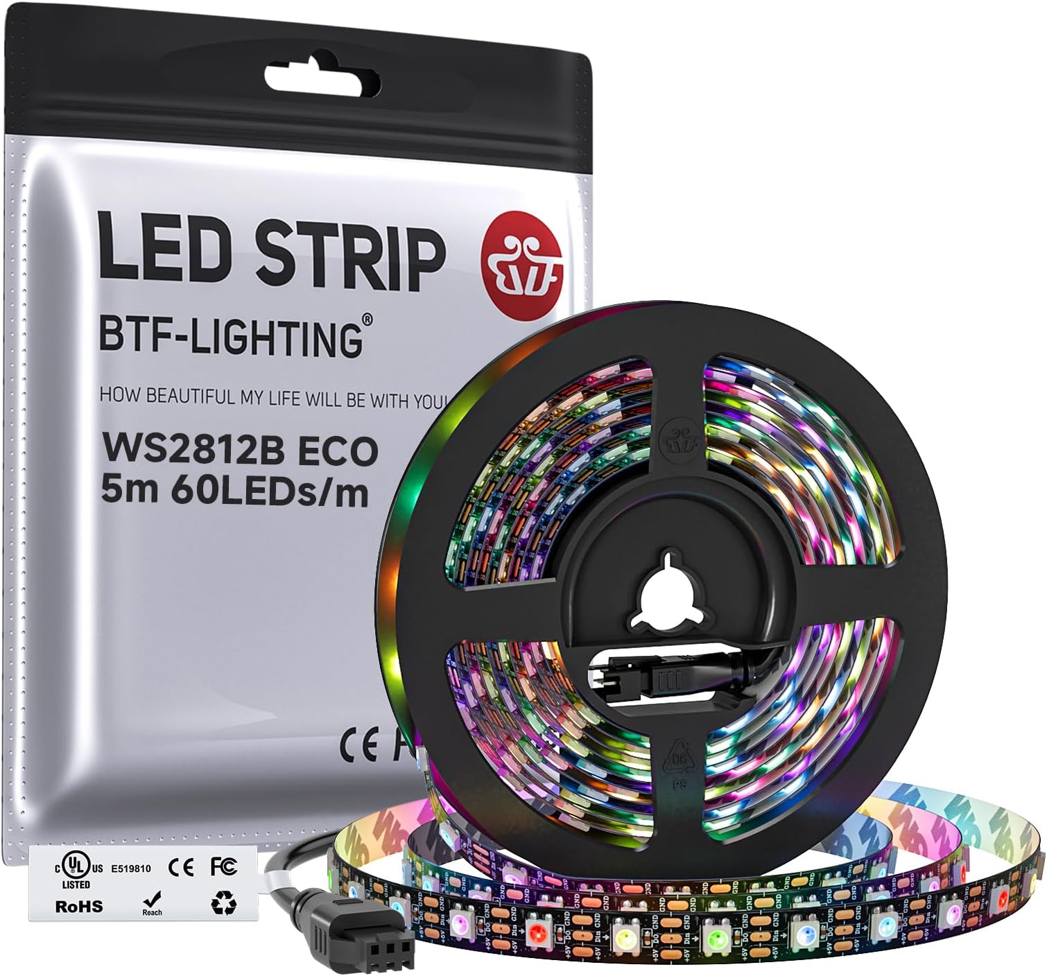 BTF-LIGHTING WS2812E ECO RGB Alloy Wires 5050SMD Individual Addressable 16.4FT 60Pixels/m 300Pixels Flexible Black PCB Full Color LED Pixel Strip Dream Color IP30 Non-Waterproof DIY Projects Only DC5V