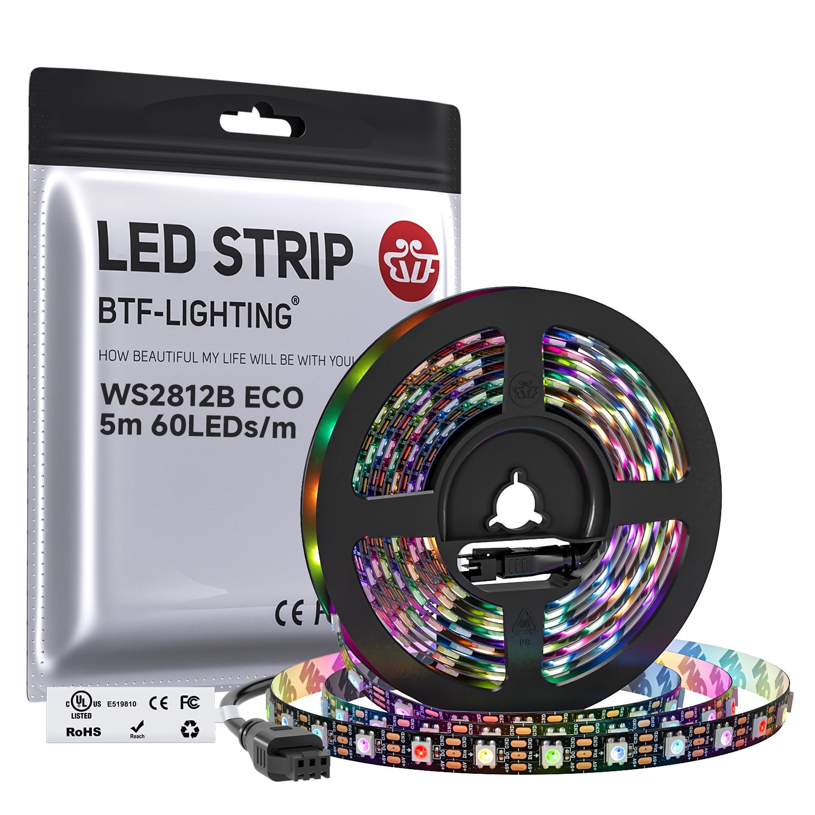 WS2812E ECO RGB Alloy Wires 5050SMD Individual Addressable 16.4FT 60Pixels/m 300Pixels Flexible Black PCB Full Color LED Pixel Strip Dream Color IP30 Non-Waterproof DIY Projects Only DC5V