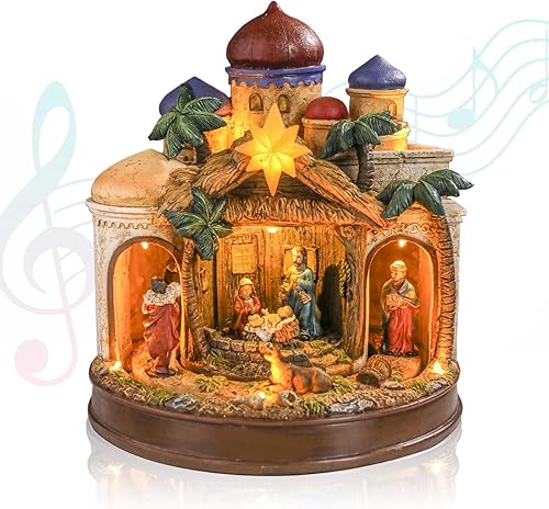 Vigdur Juego de Belén de Navidad de 11 pulgadas, belén animado de pueblo navideño con luces coloridas y 2 canciones religiosas, figuras giratorias,