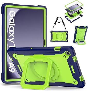 DETUOSI Case for Samsung Galaxy Tab A9 Plus 11 inch, Galaxy Tab A9 Plus Shockproof Case with 360Rotatable Stand & Shoulder Strap, Dark Blue + Green